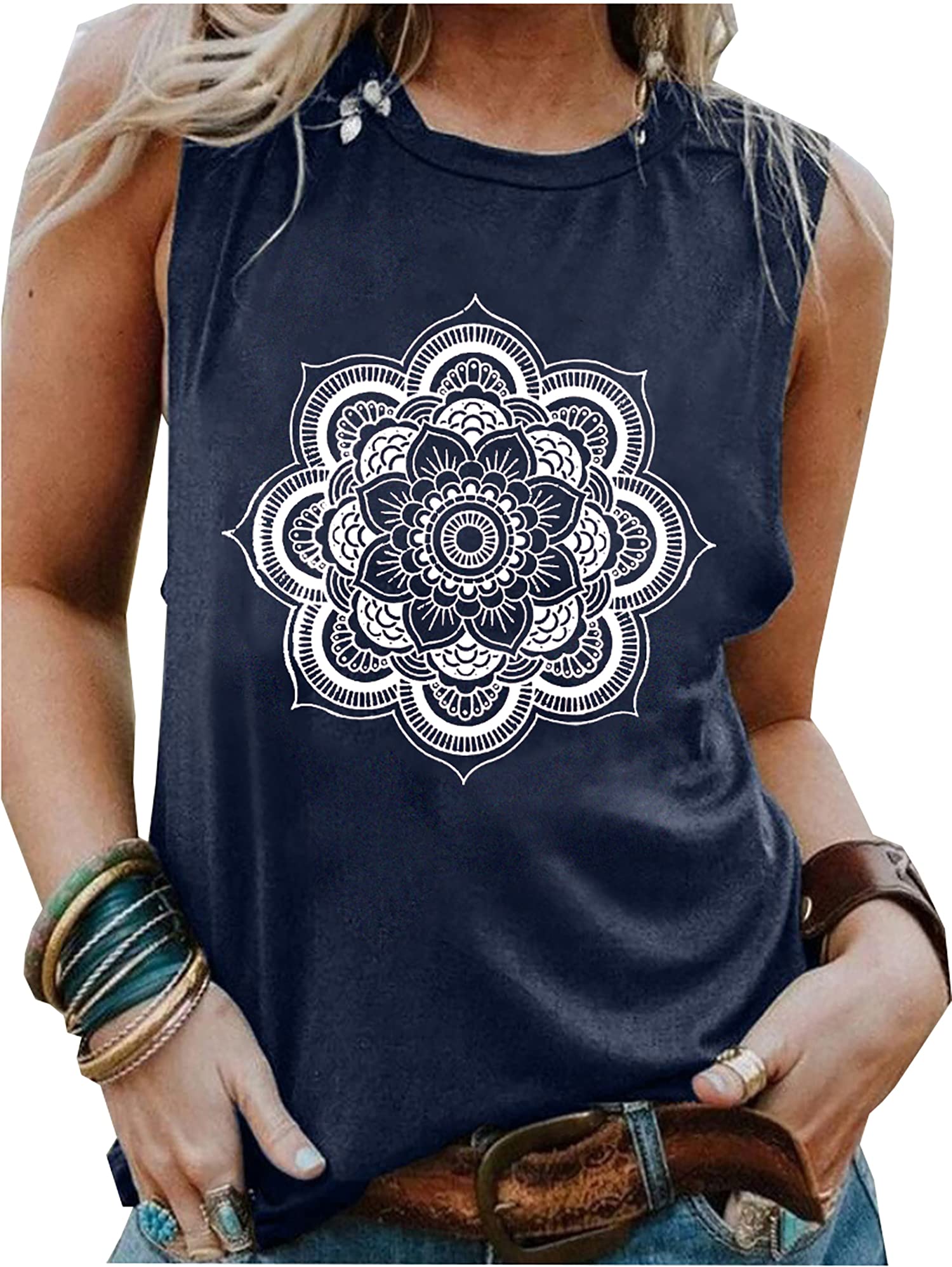 Tank Tops for Women Summer T Shirts Sleeveless Casual Loose Tops Beach Vacation Graphic Tees Mandala Tanks