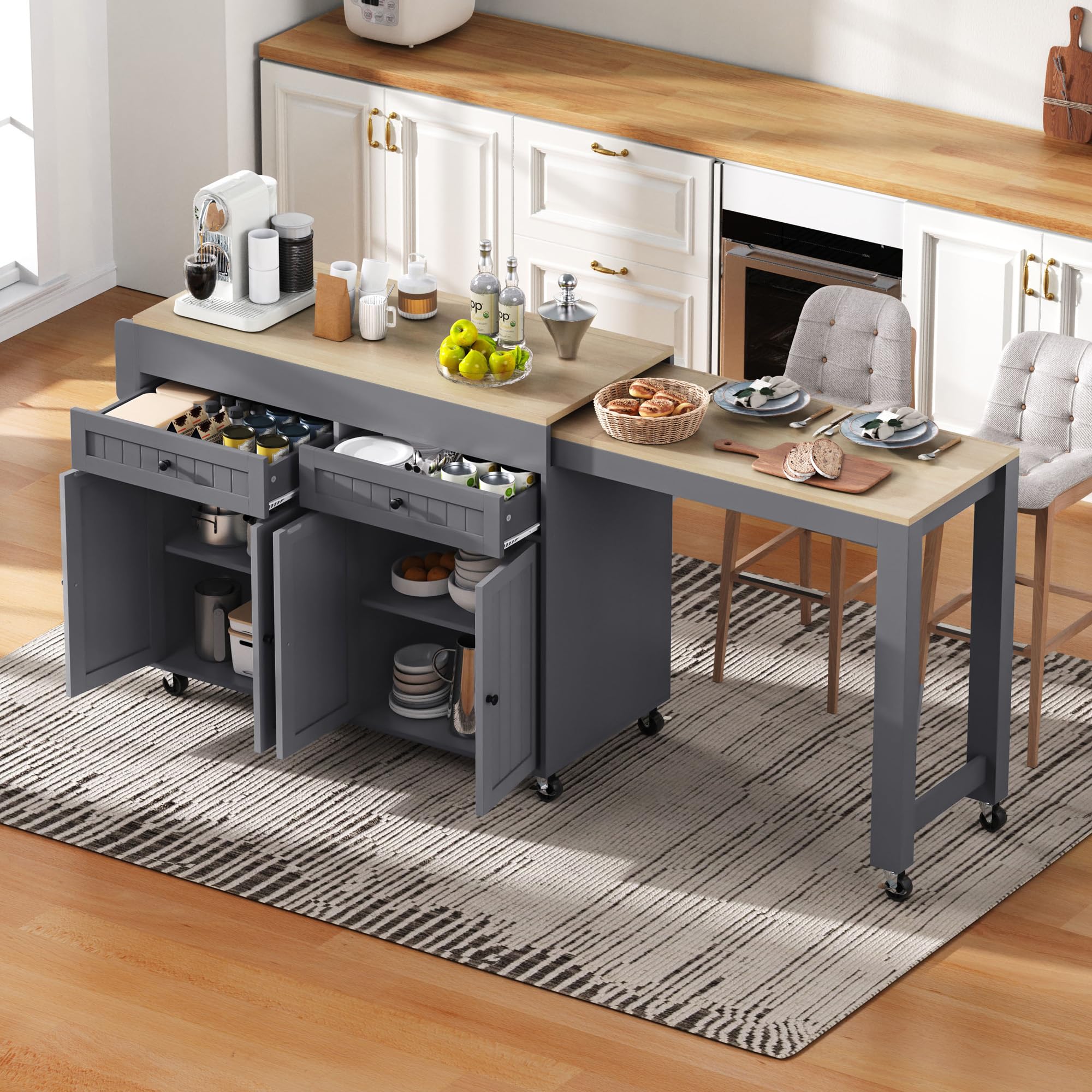 Isola da cucina su ruote con 2 cassetti, 4 ante, piano di lavoro allungabile, tavolino bar allungabile con spazio di archiviazione, tavolo estensibile, per 2-6 persone, carrello da cucina