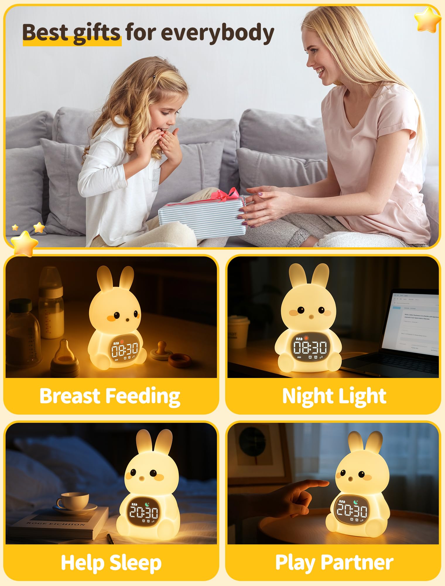 MASHI Reloj despertador de conejo, reloj de entrenamiento para dormir con sol y luna, máquina de sonido para dormir, luces nocturnas, reloj despertador para niños, ideas para niños