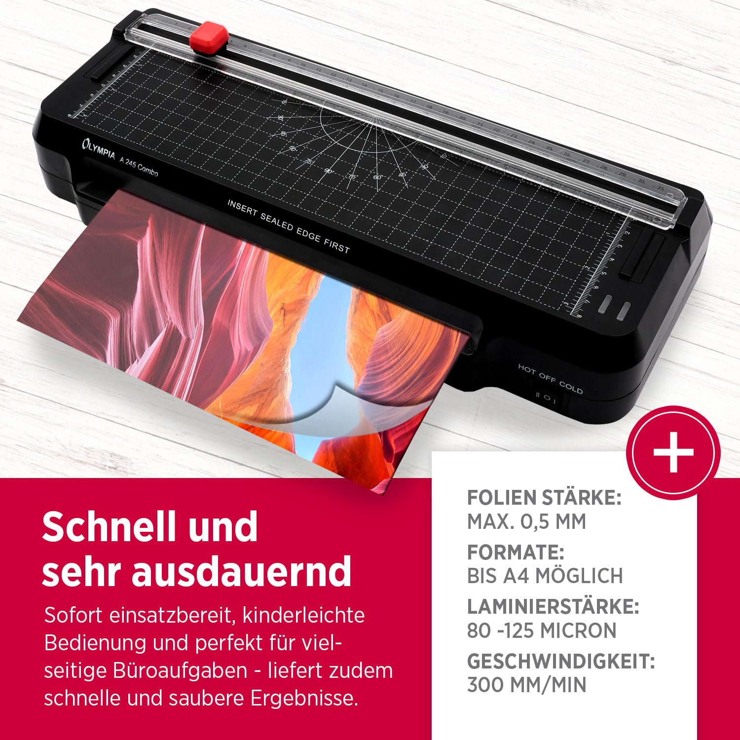 Olympia A 245 Combo 4in1 Laminiergerät | Heiß- & Kaltlaminator | Laminierset für A4 | integriertes Schneidelineal | Laminierfolien-Set & Eckenrunder | Schnelle Aufheizzeit | A4 Dokumentengröße