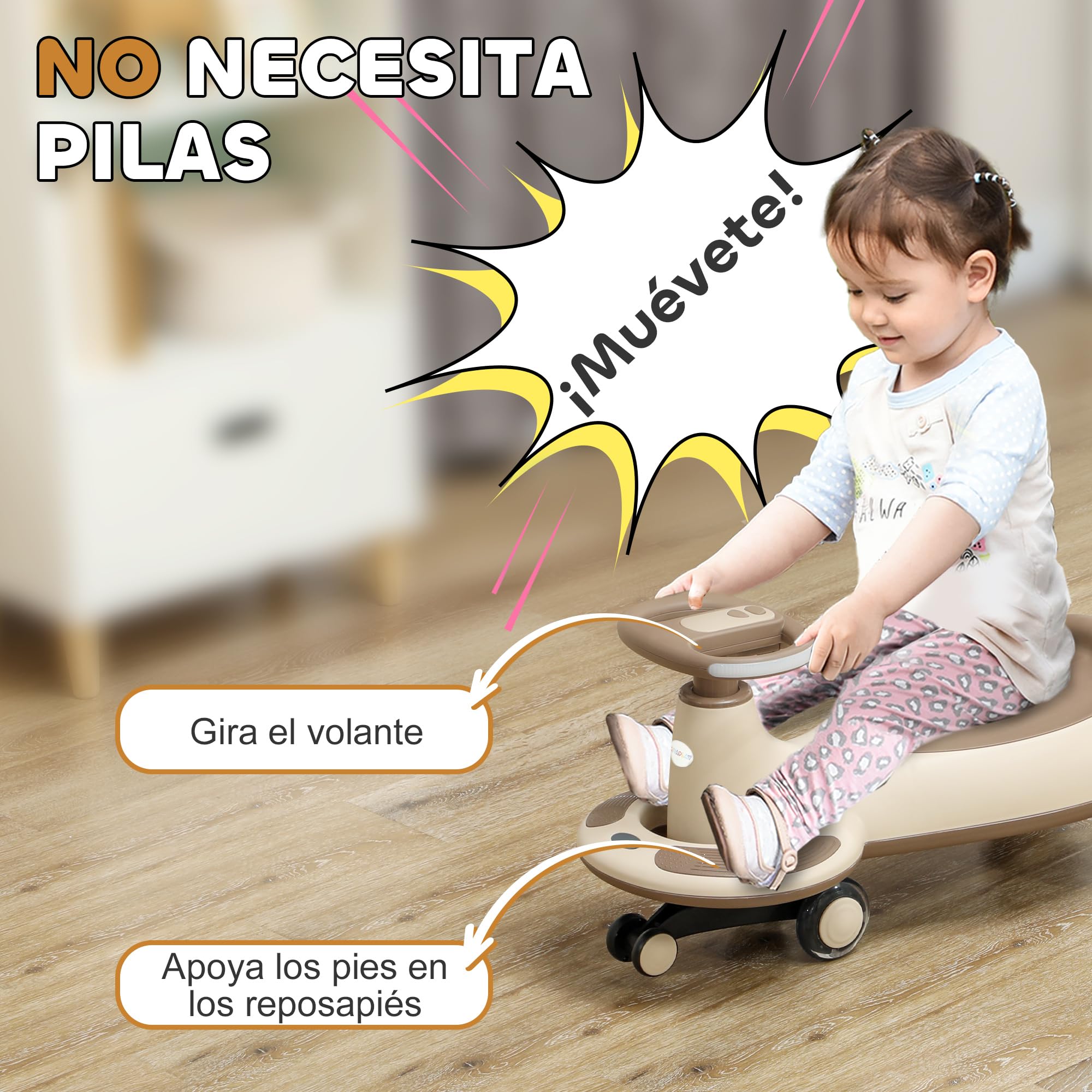 AIYAPLAY Correpasillos para Niños de +2 Años Correpasillos Wiggle con Cuerda de Tracción para Padres Música Luz y Espacio de Almacenamiento 69x31x69 cm Caqui