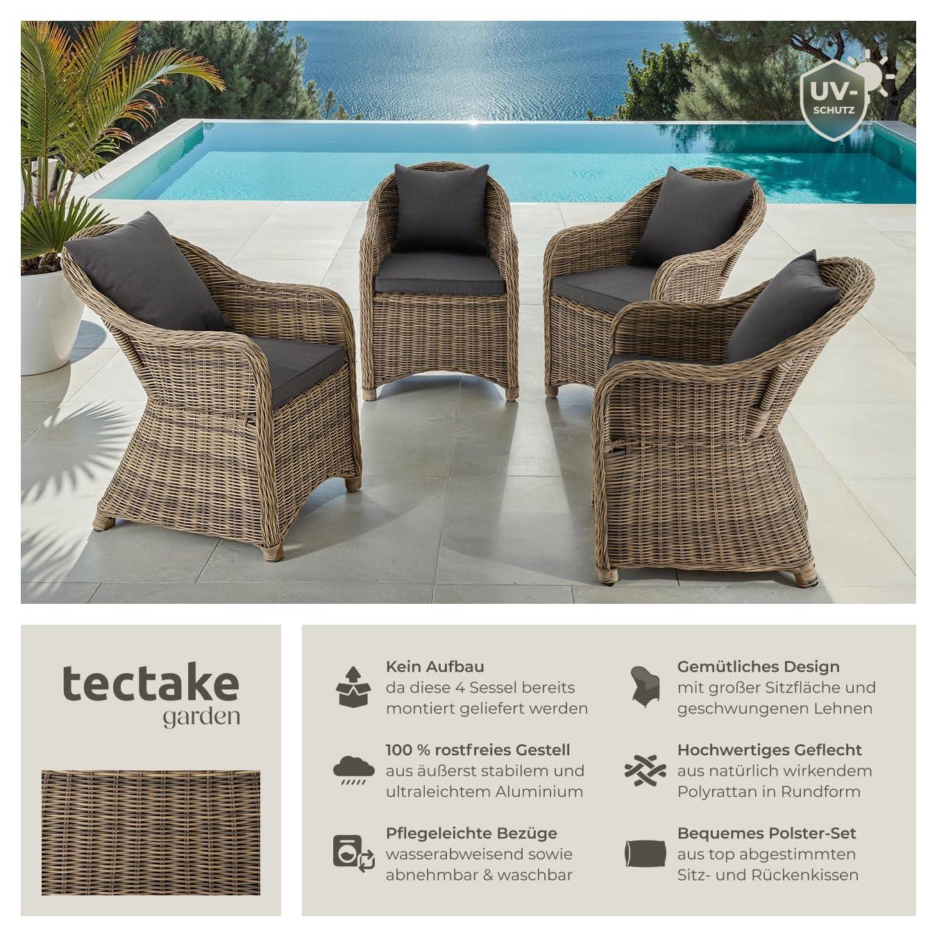 tectake® 4er Set Rattansessel, Polyrattan Gartenstühle mit Aluminiumgestell, Outdoor Korbsessel mit weichen Sitzpolstern, wetterfest, Rattan Stuhl für Garten Terrasse Balkon und Wintergarten - Natur