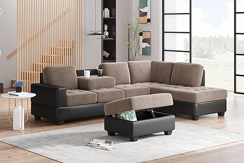 MOEO Sofá seccional reversible de 3 piezas para sala de estar con otomana de almacenamiento adorno de remache sofá en forma de L con 2 portavasos y