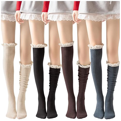 4 Pack Women Cotton Knit Boot Socks Knee High Socks Stockings with Lace Trim, Free size, Beige Black Coffee Green