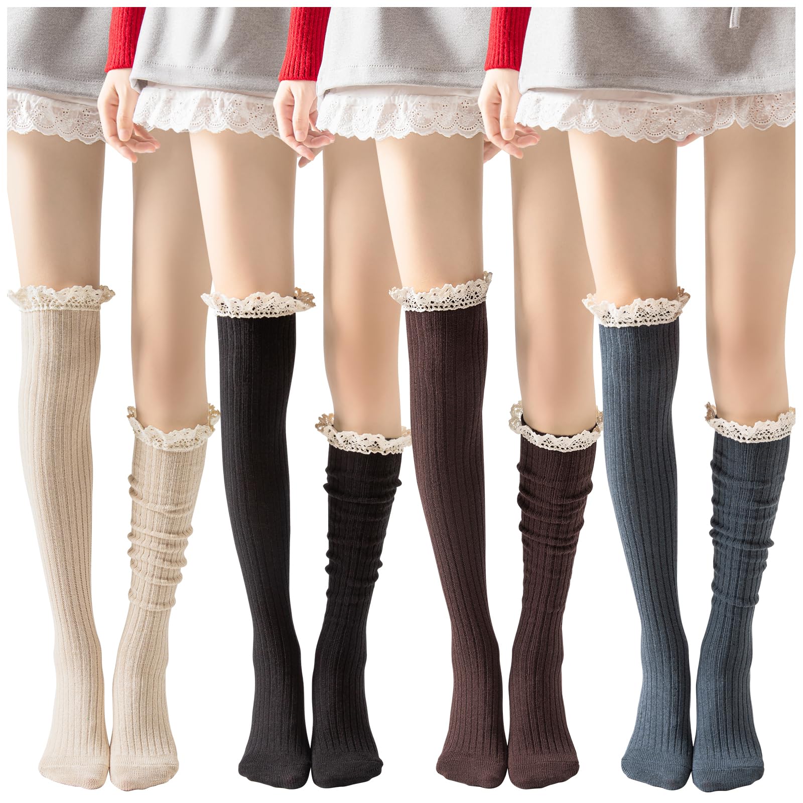 4 Pack Women Cotton Knit Boot Socks Knee High Socks Stockings with Lace Trim, Free size, Beige Black Coffee Green