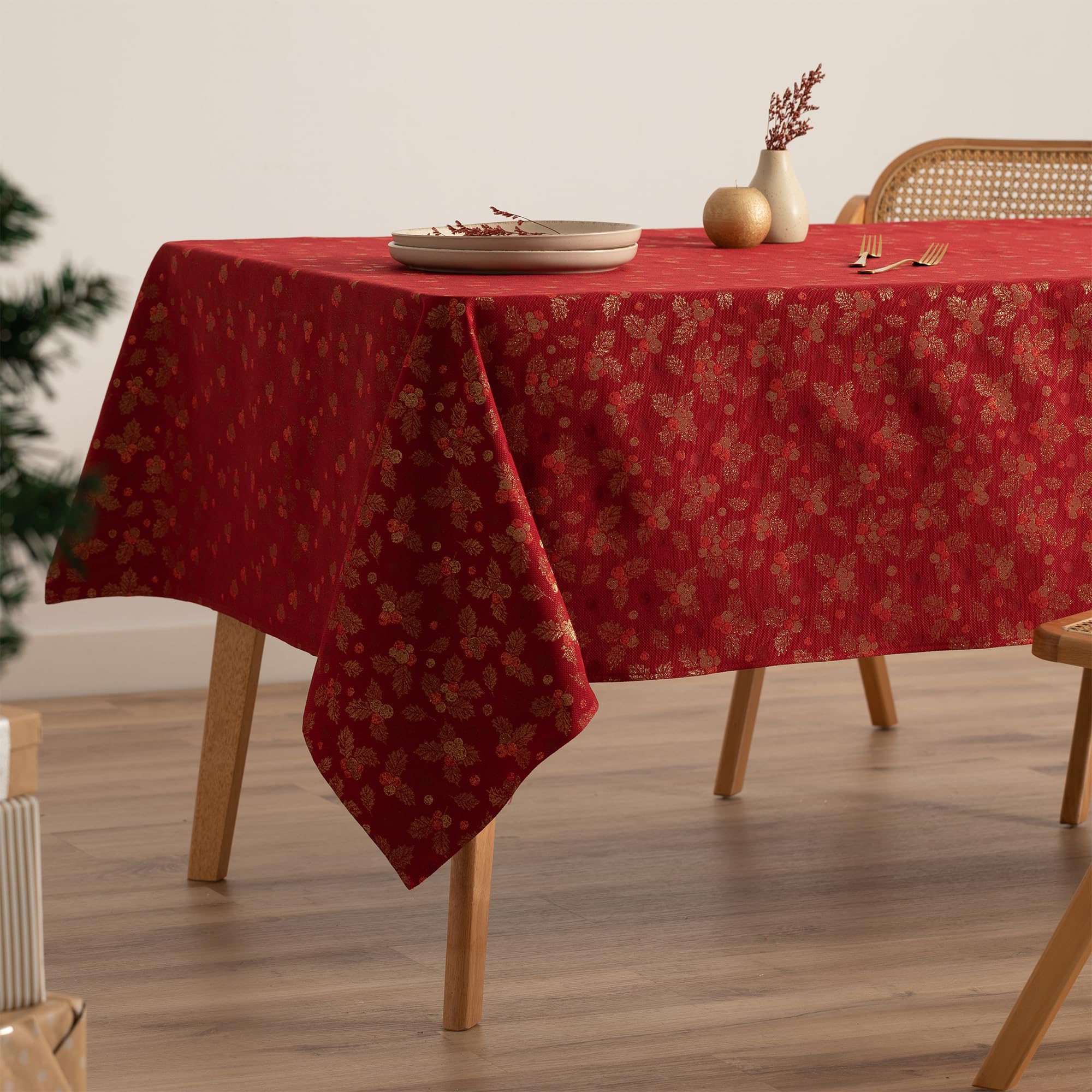 GAMUSI Mantel Navidad Jacquard Hilo Dorado Mesa Comedor Rectangular Decoración Navideña 140x100 cm Color Rojo