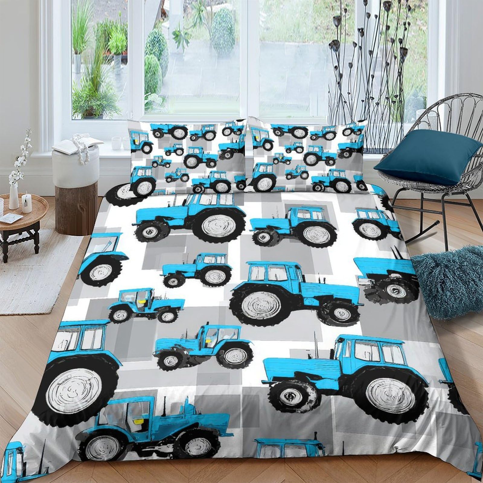 GPLZQXKJNH 3D Printed Blue Tractor Duvet Cover Microfiber Soft Breathable Farm Vehicle Bedding Set with 2 Pillowcases for Bedroom Decor Single（135x200cm）