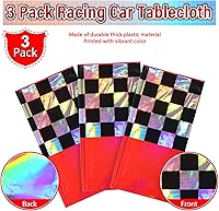 Vista 4 de Paquete de 3 manteles de plástico iridiscentes con auto de carreras, desechables, brillantes con láser rojo y negro, mantel rectangular de aluminio
