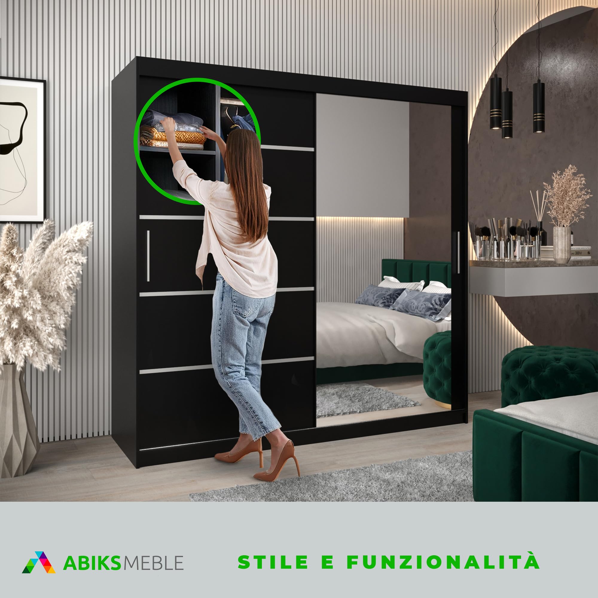 ABIKSMEBLE Verona 2 200 Armadio da Camera a Due Ante Scorrevoli - Armadio Moderno con Specchio, Barra e Ripiani - 200x200x62 cm (L x A x P) - Nero Opaco
