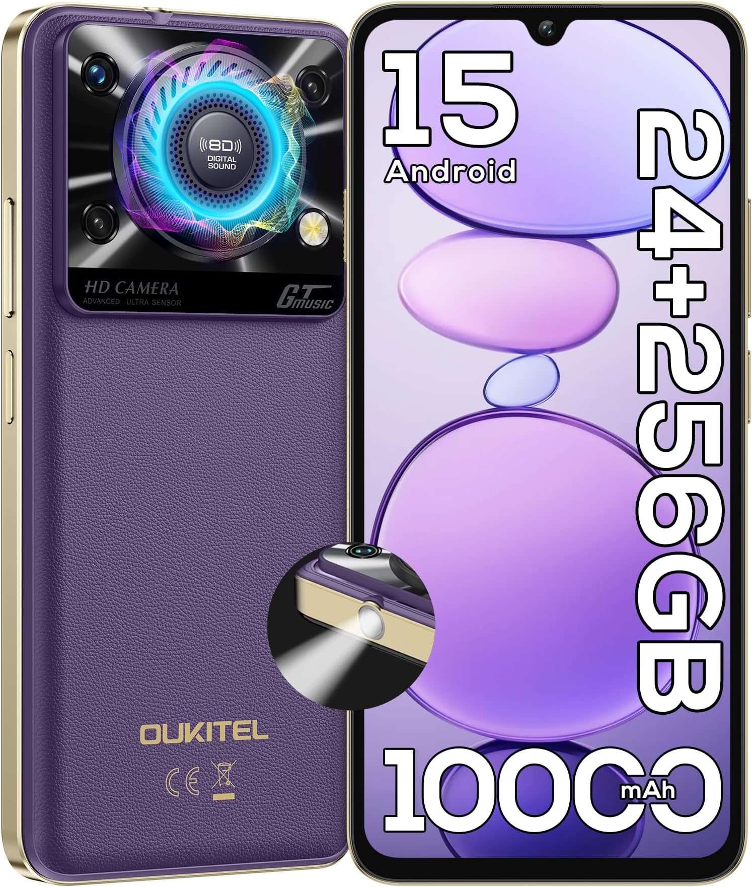OUKITEL C60 PRO Android 15 Cell Phone Unlocked 2025-24GB+256GB/TF 1TB, 10000mAh Battery, 6.88'' Display Smartphone,110dB Speaker,120LM Flashlight, 13MP Camera, 4G Dual SIM Phones, GPS/NFC/OTG,Purple