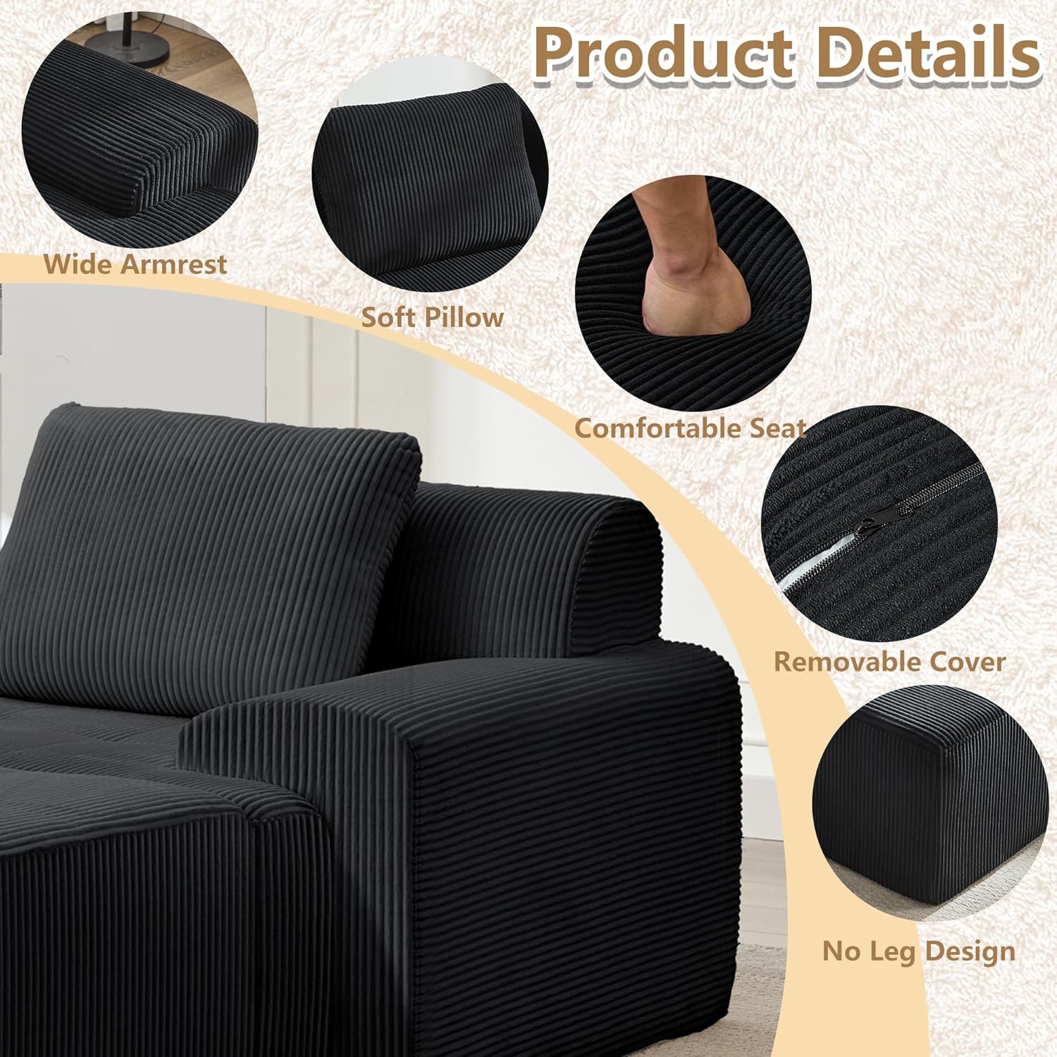 KIGOTY Modular Sectional Sofa, 2 PCS Comfy Cloud Sectional, Corner Couch, Modern Boneless Couch for Living Room, No Assembly Required,Black