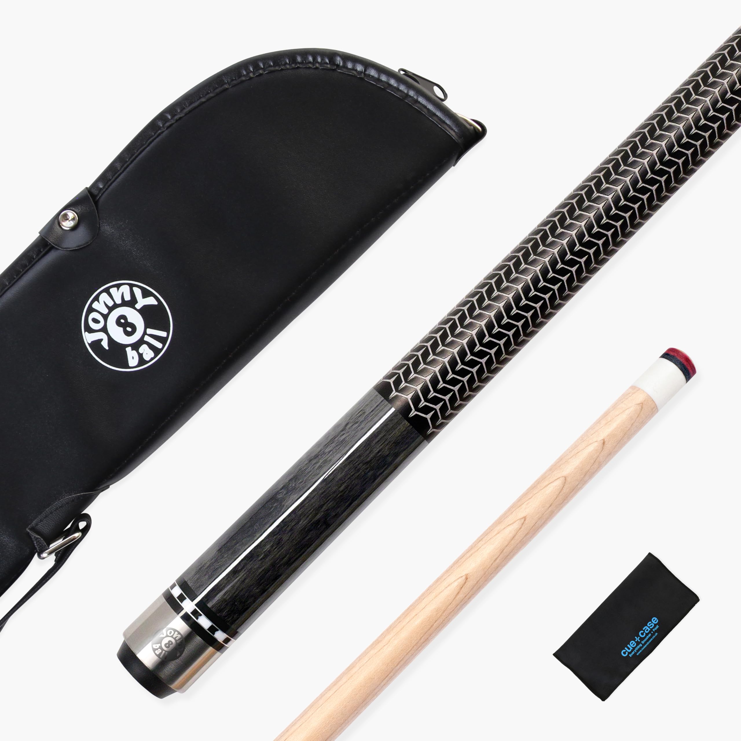 Jonny 8 Ball IRONWEAVE 58 Inch 2 Piece Centre Joint American Pool Cue with 12.5mm Layered Leather Tip - Free Microfibre Cue Towel (Grey Cue with Soft Case)