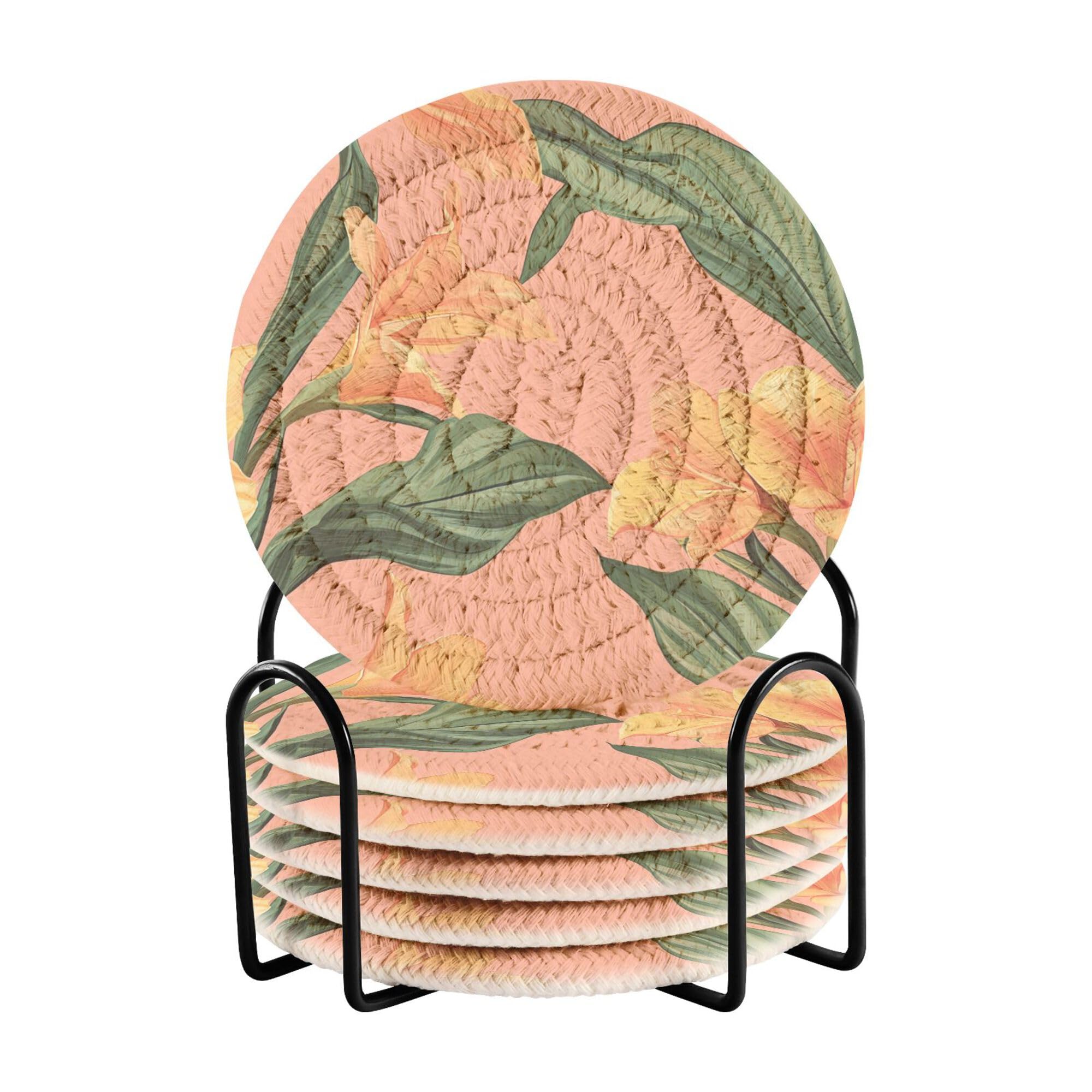 Cute Canna Peach Cotton Rope Casters Set of 6 with Holder Coffee Table Coasters