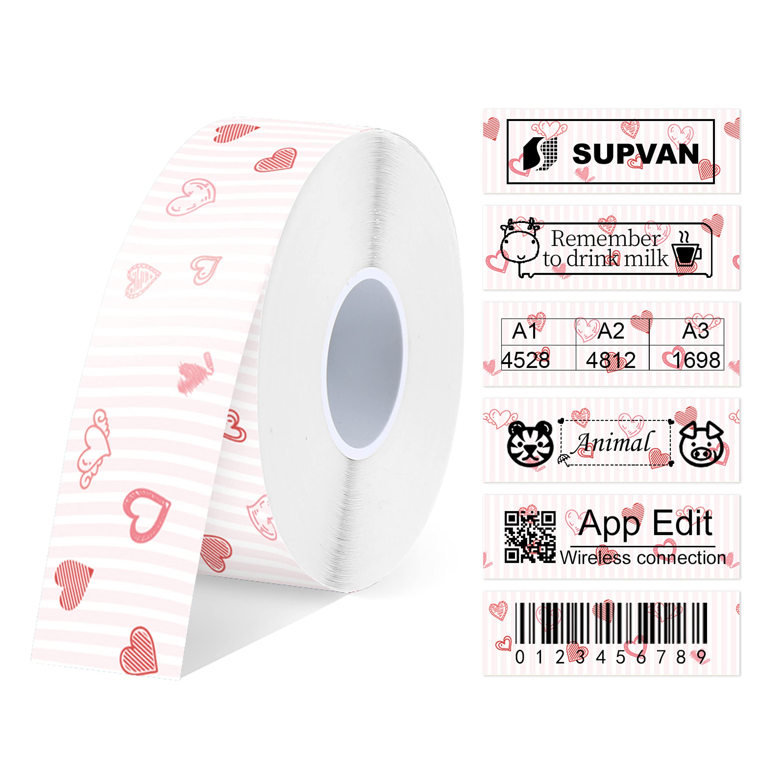 SUPVAN thermal label roll with heart pattern and example prints