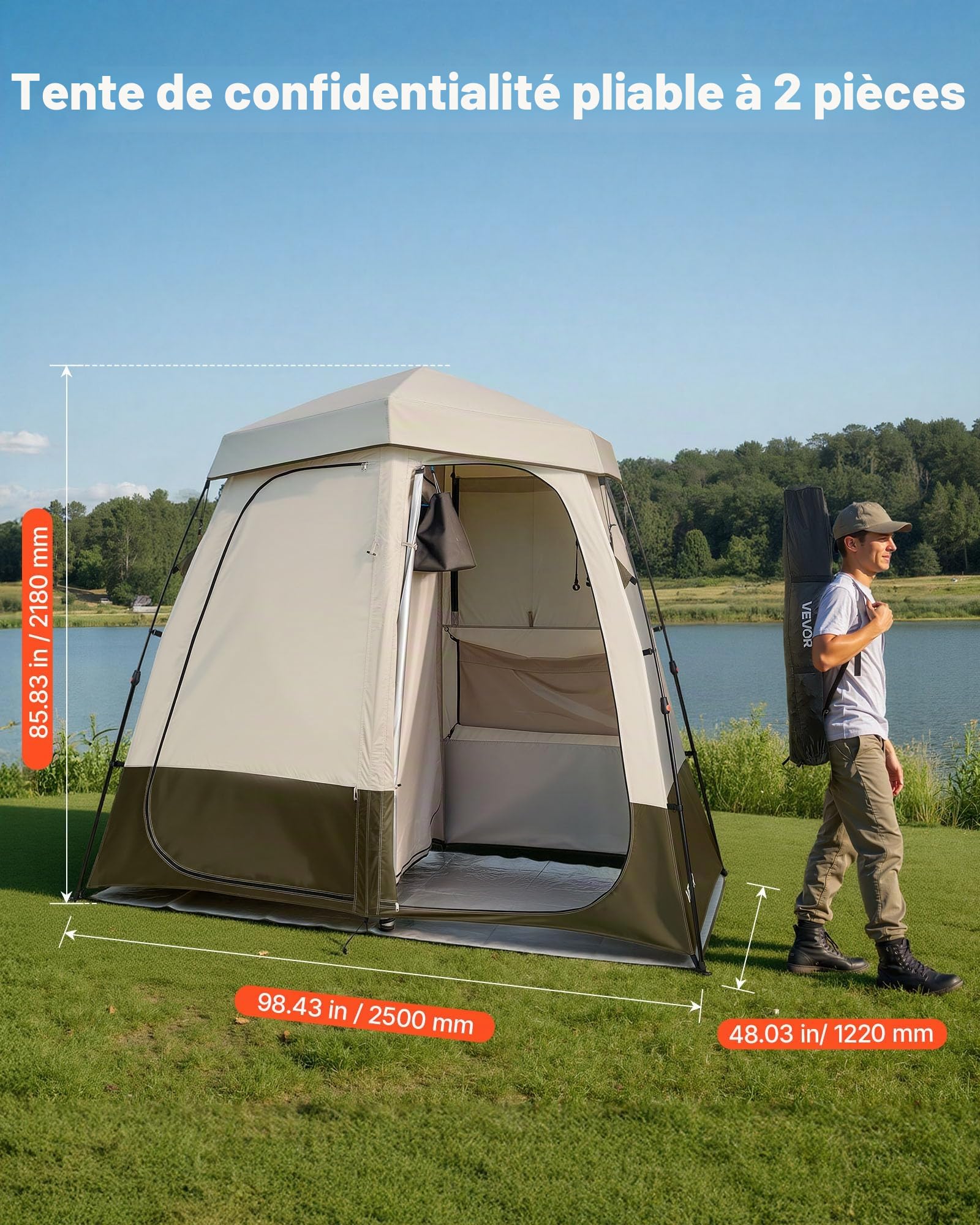 VEVOR Rideau de Douche de Camping, 210,8 x 106,7 x 210,8 cm, 2 Chambres, Grand Rideau portatif extérieur, Rideau de confidentialité, avec Dessus détachable, Poches, Corde à Suspendre et
