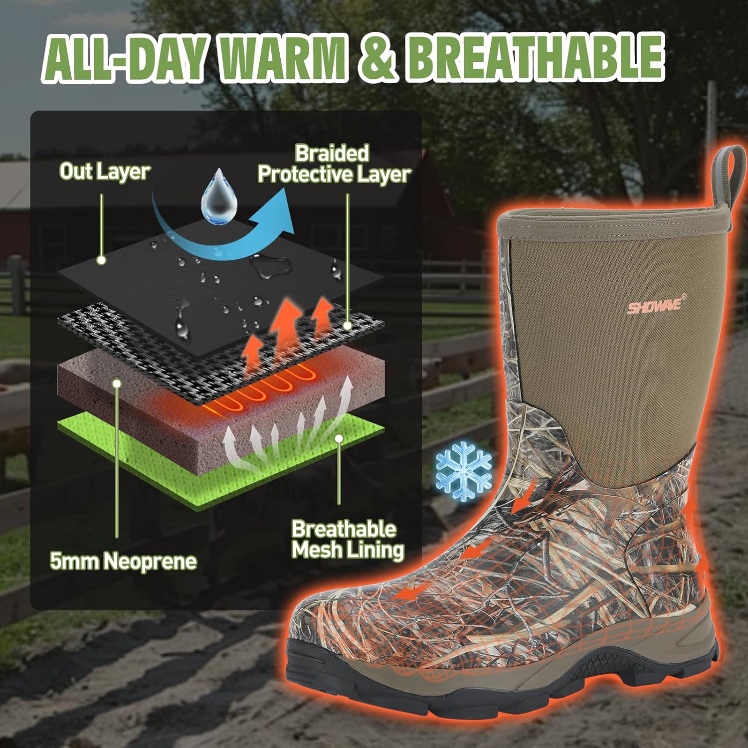 Showave Men's Rubber Boots Durable Waterproof Insulated Rain Boot Neoprene Heavy-duty Mud Outdoor Garden Working Hunting Boots - Image 5