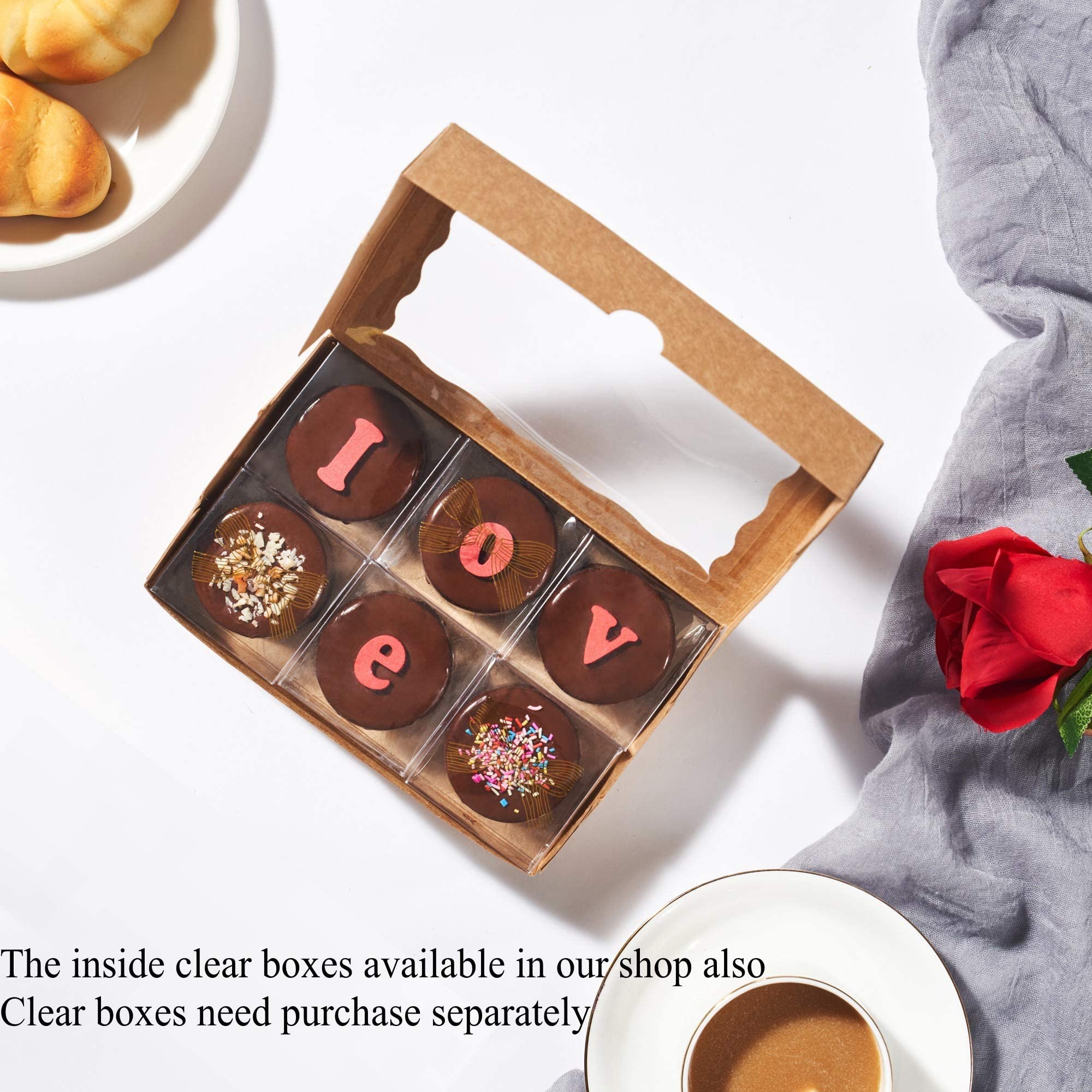 RomanticBaking Paquete de 50 cajas de galletas emergentes automáticas, 7 x 4 3/8 x 1 1/2 pulgadas, cajas de pastelería, macarrón, bombas de chocolate caliente, donas, brownie y pasteles