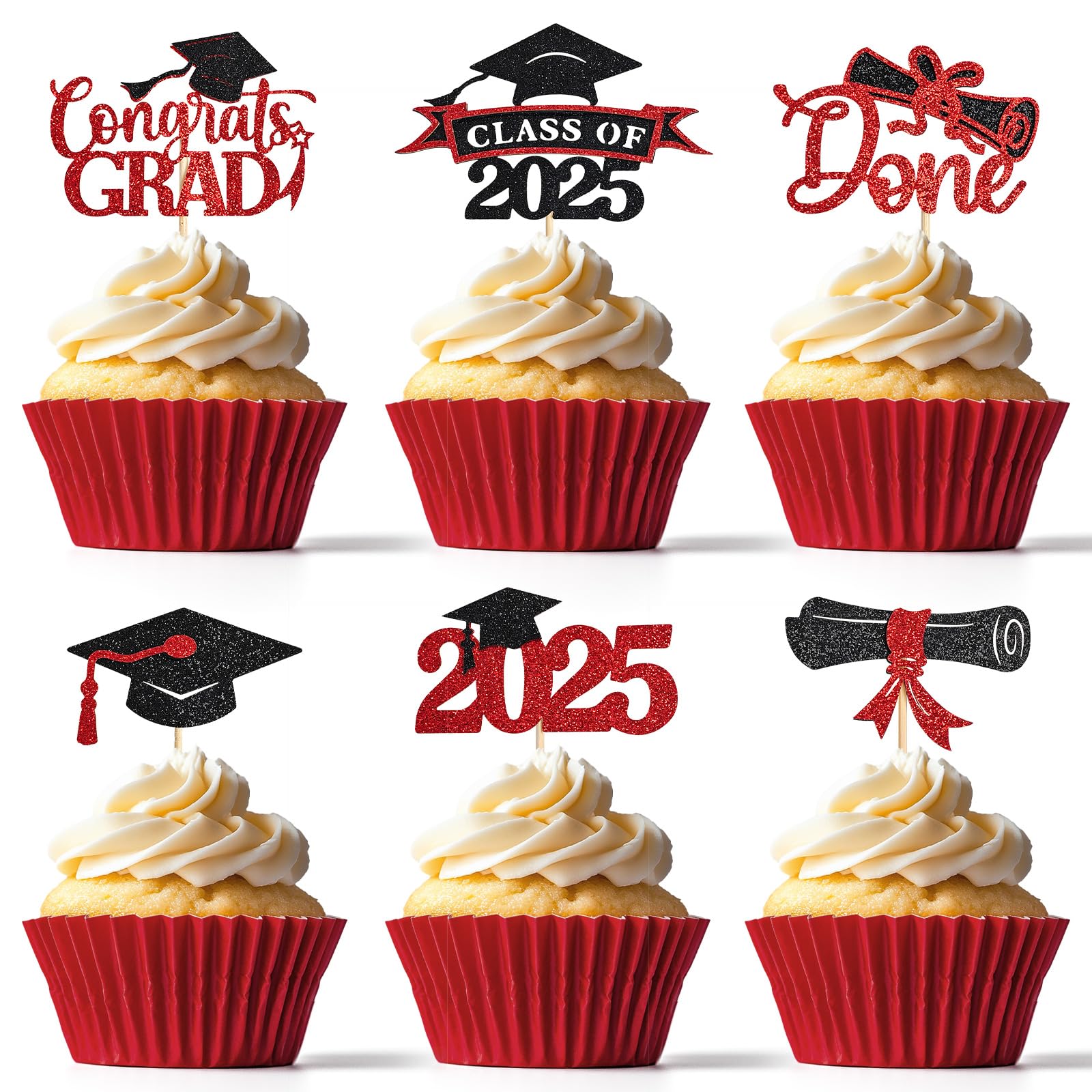 EMORBALS 36 Pcs Graduation Cupcake Toppers 2025, Class of 2025 Cupcake Toppers, Glitter Cake Toppers(Style-3)