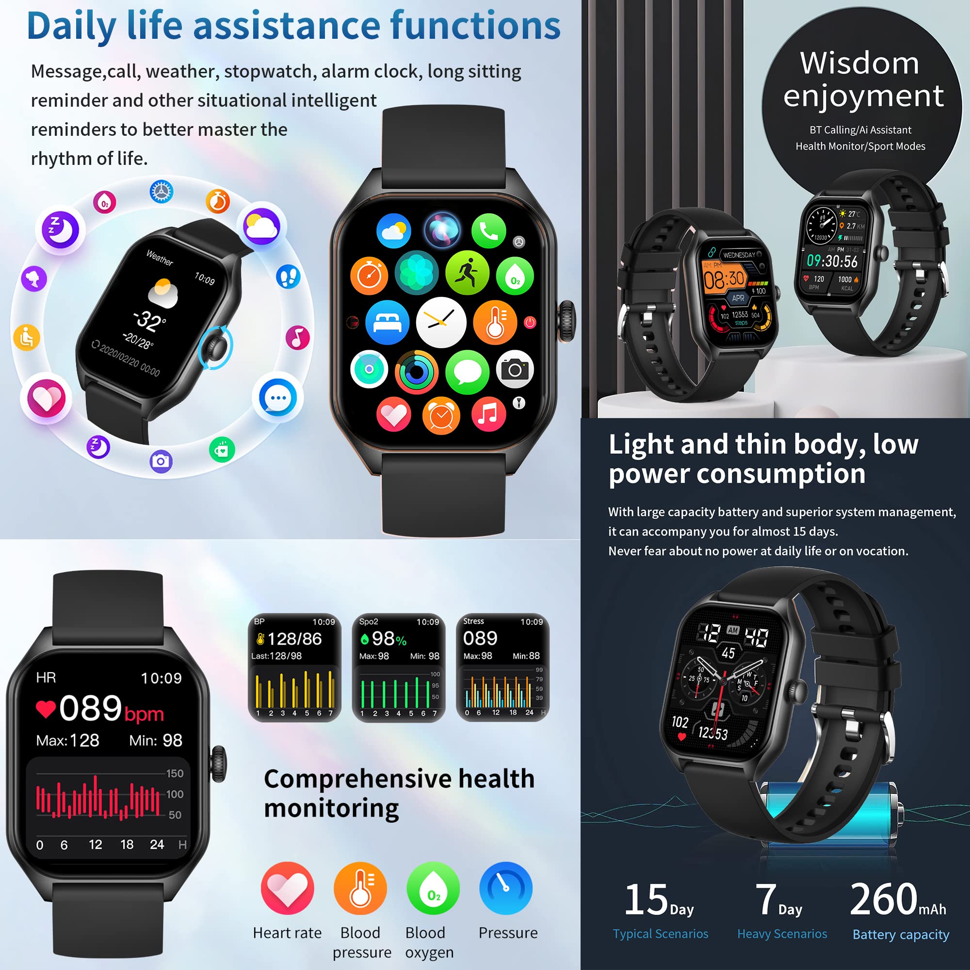 Smartwatch Dames met Bluetooth Bellen, 1,85 inch Touchscreen Slimme Horloge, IP68 Waterdicht Sporthorloges, Hartslagmeter, Slaapmonitor, Stappenteller, Fitnesstrackerhorloge voor Android iOS (Zwart