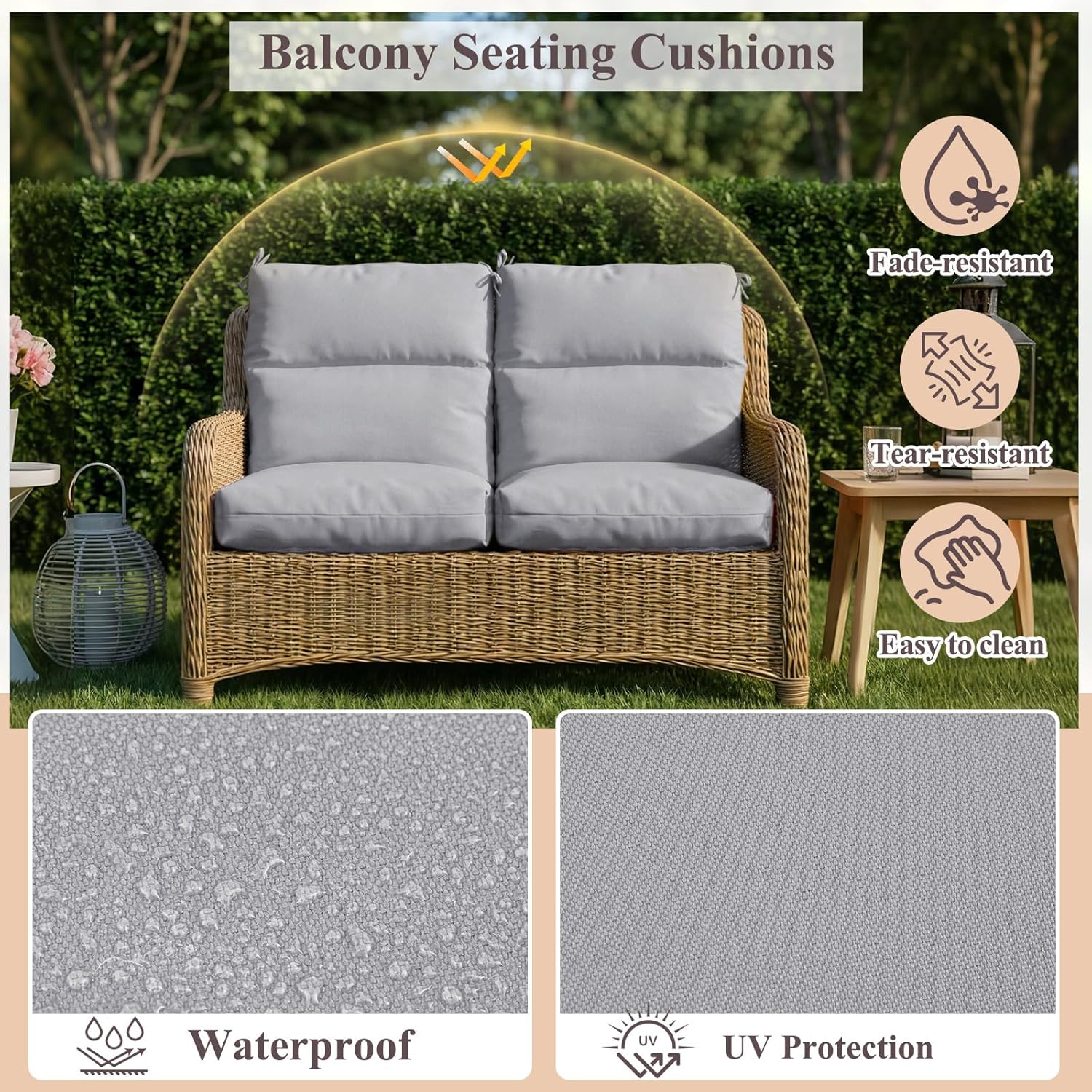 Geelin 4 Pack Outdoor/Indoor High-Back Chair Cushions 44×21 in, Stuffed Tufted Replacement Patio Chair Cushions with Ties Weather Resistant Pads for Patio Furniture (Light Gray)