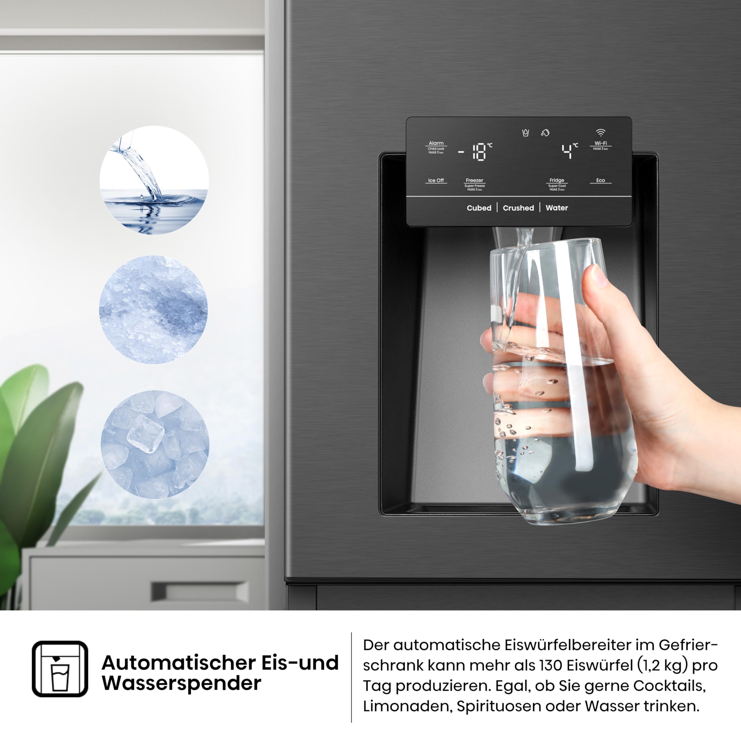 Hisense RS818N4TFC Side by Side – Kühl-Gefrierkombination, EEK C, Eis-Wasserspender, LED Display, Total No Frost, Multi Air Flow, Fast Freeze, schwarz