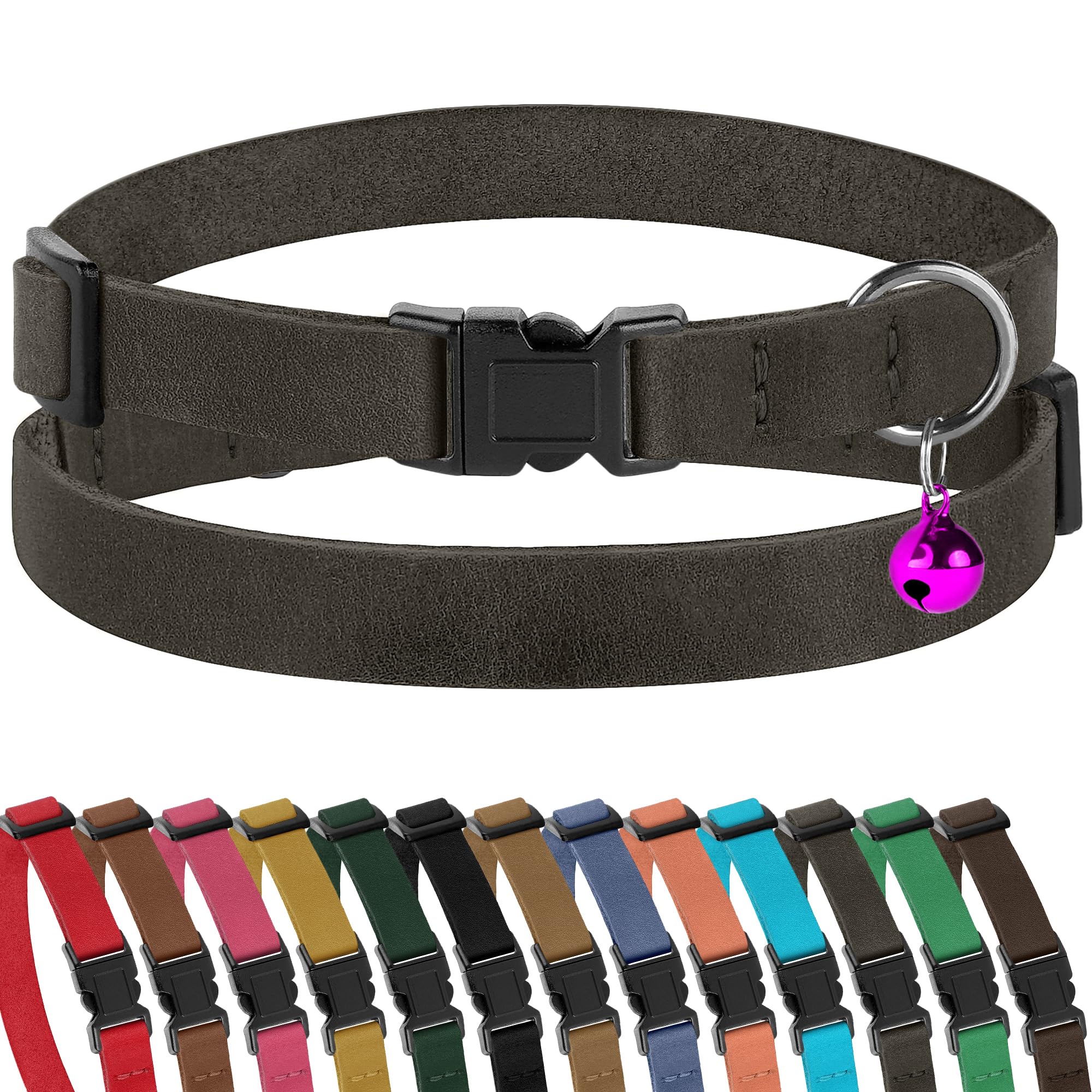 Murom Breakaway Cat Collar Leather Soft Adjustable Pet Kitten Collars with Bell Pink Brown Blue Green Red (Graphite)