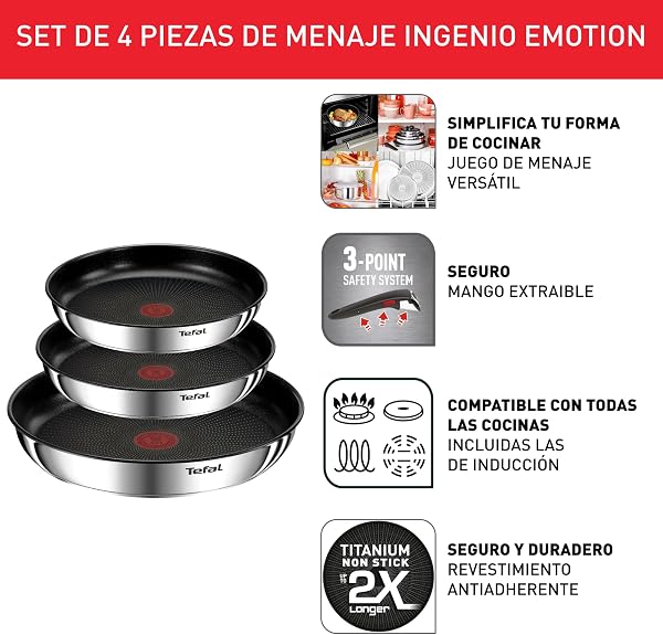 Tefal Ingenio Emotion - Juego de 3 Sartenes 22/24/28 cm + Mango extraíble, Apto inducción, antiadherentes, revestimiento titanio, Thermo-signal, apto lavavajillas y horno - 3