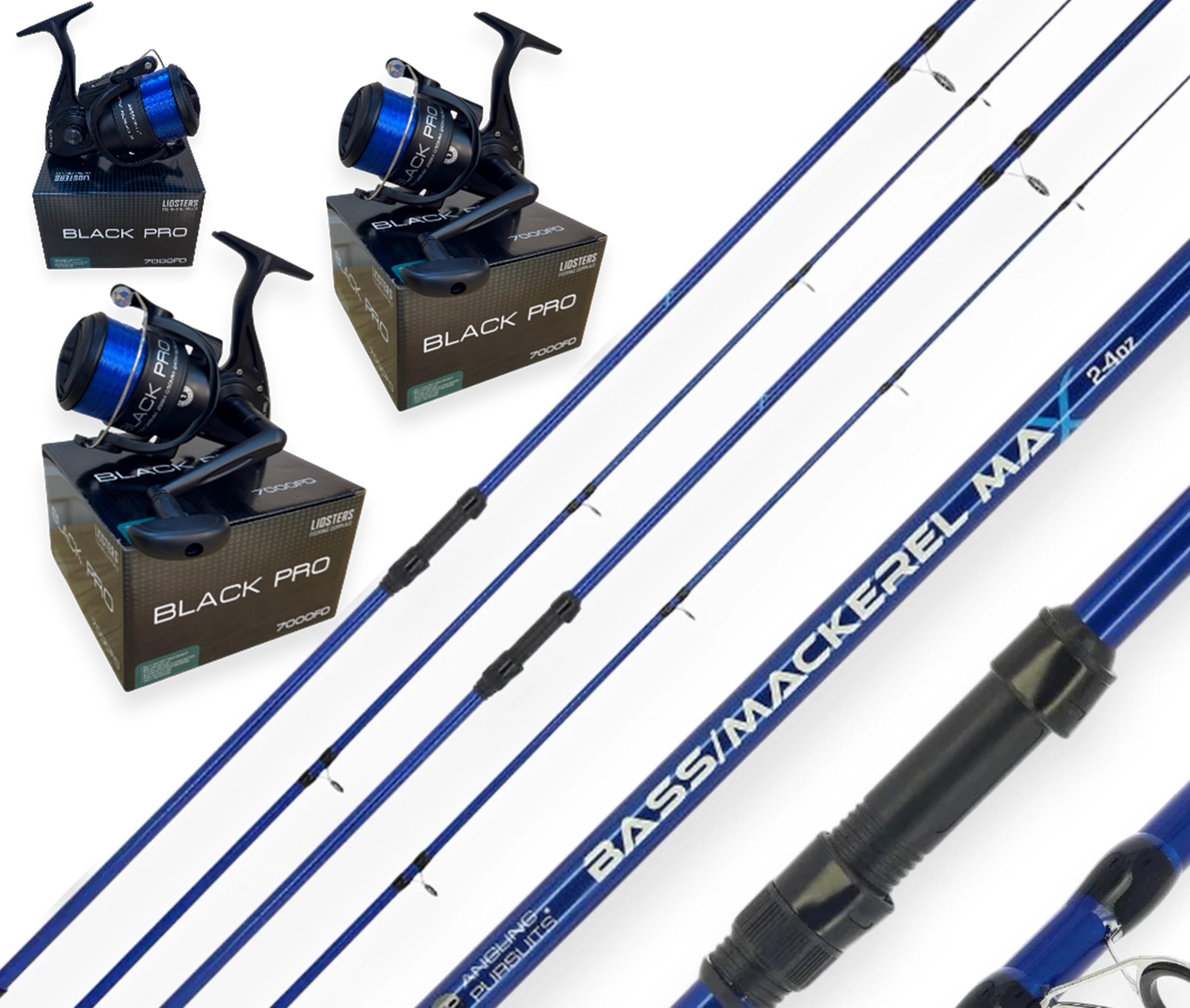2 AP Bass Mackerel Spinning Rod 10ft 2pc Blue Sea Fishing Rods + Lidsters Black Pro 70 Sea Reel Combo