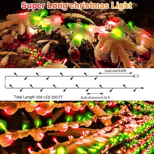 Miniatura 86 de Luces de Navidad de 200 pies con 500 luces LED para exteriores, tira de luces extralargas, cable transparente, impermeable, 8 modos de temporizador