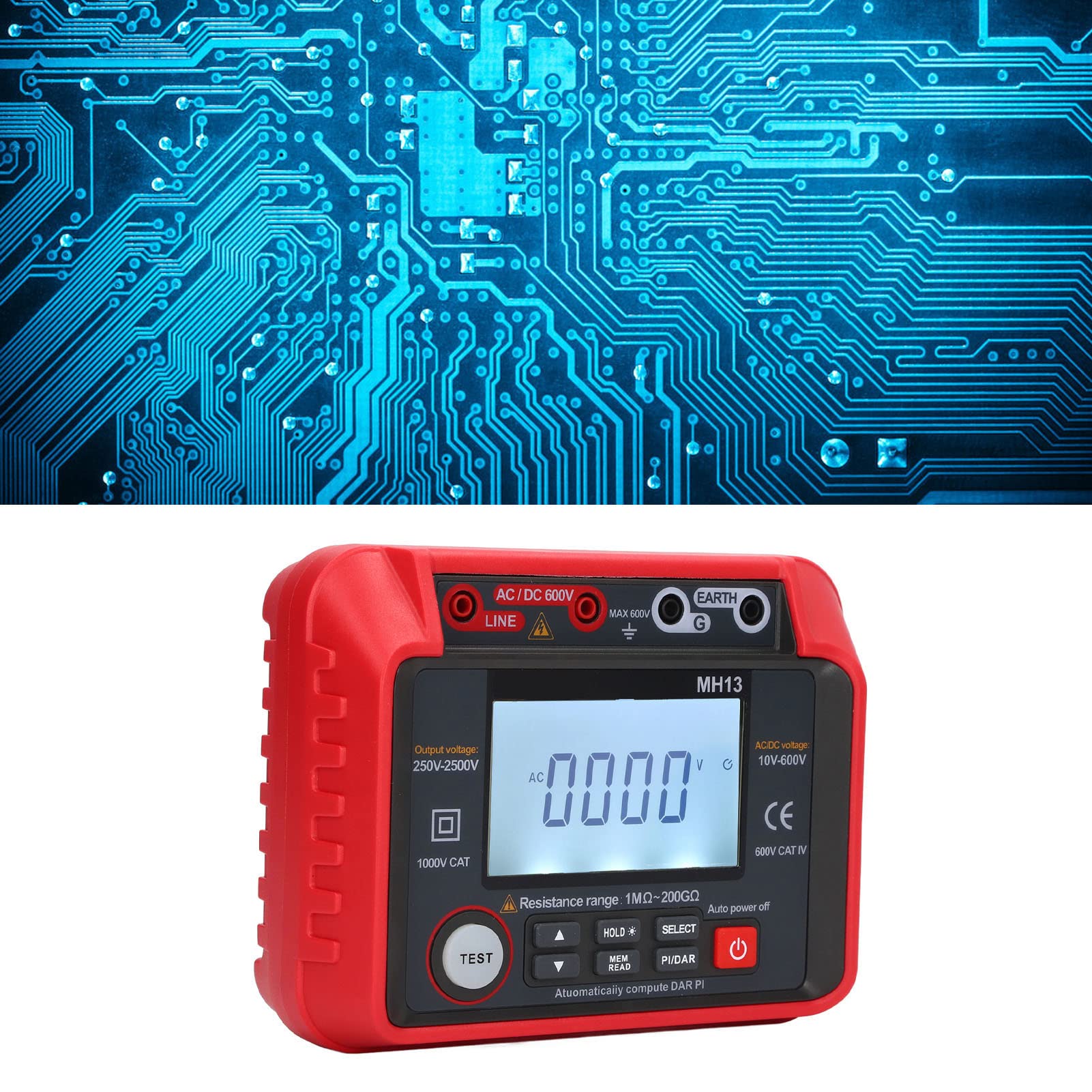 Hyuduo Miernik Rezystancji Izolacji, Korpus z Czerwonego ABS, Dokładny Tester Rezystancji z Wyjściem Wysokiego Napięcia dla Elektryków i Techników, Mierzący od 1M Ω do 40G Ω