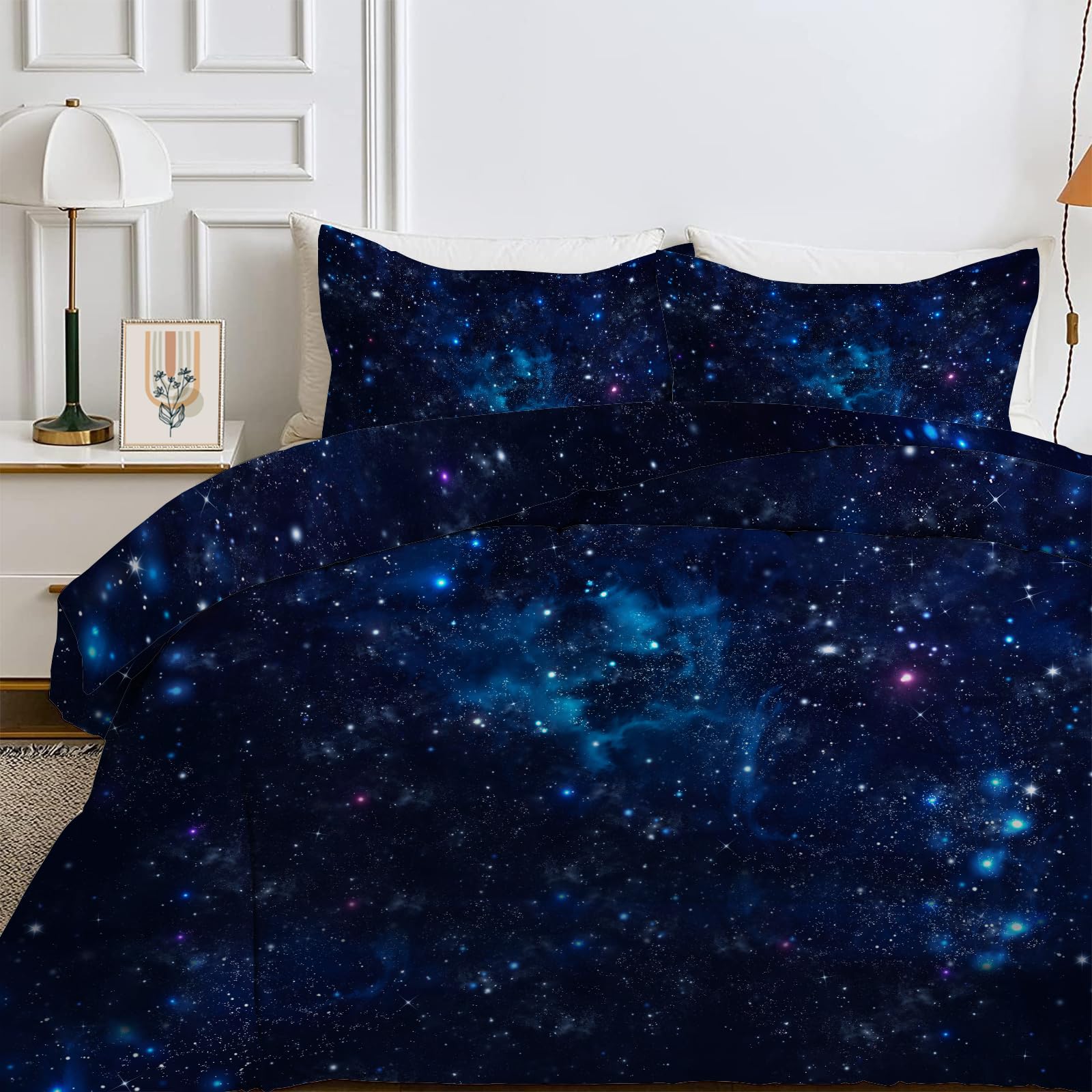 Blauer Sternenhimmel Bettdecke 135x200, 4 Jahreszeiten Galaxie Steppdecke | Vierjahreszeiten Bettdecke ohne Bezug, Universum, Warme Ganzjahresdecke, Waschbar Schlafdecke mit 2 Kissenbezug 80x80 cm