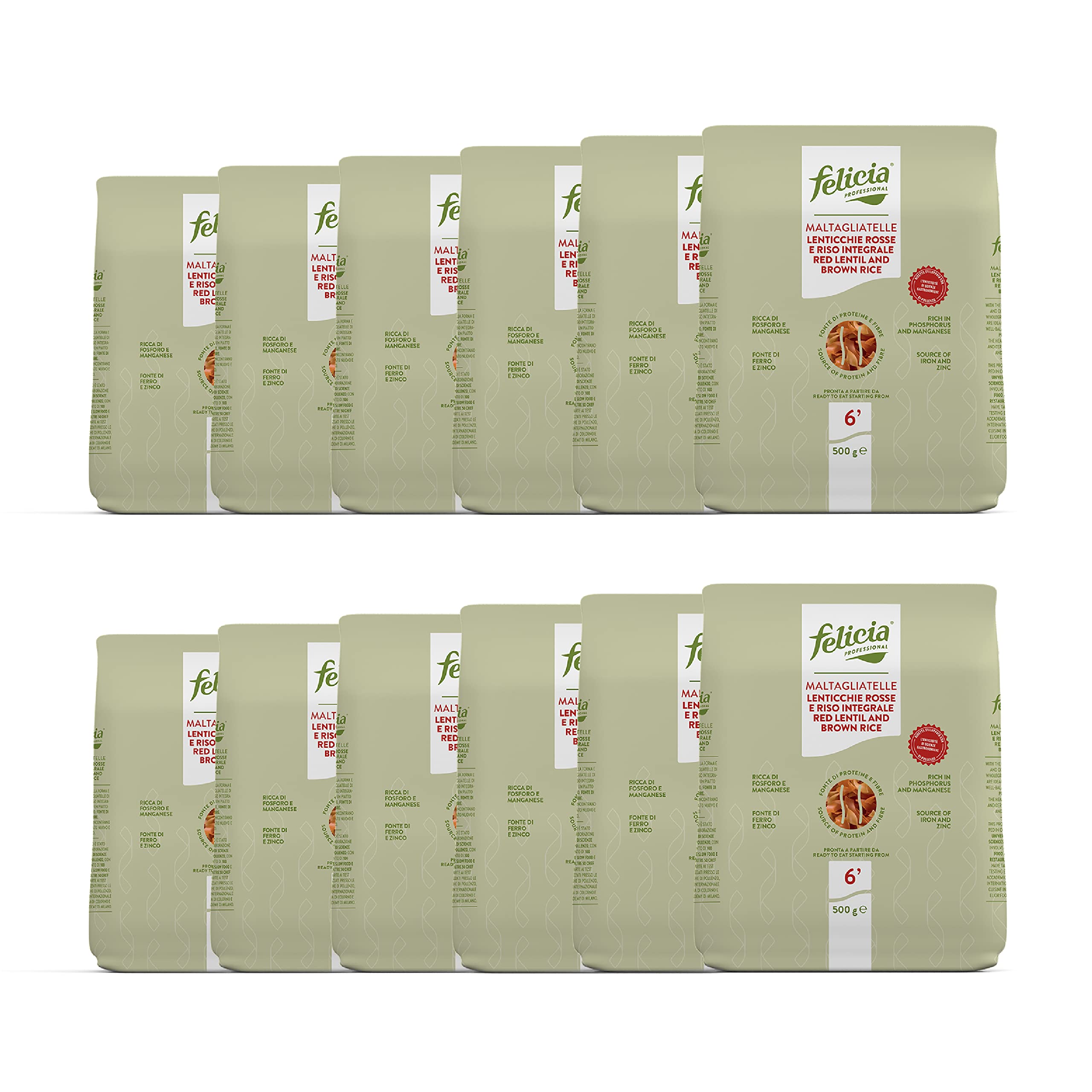 felicia Maltagliatelle di Lenticchie Rosse e Riso Integrale, Pasta Integrale Biologica Ricca Fonte di Fibre e di Proteine, Senza Glutine, Pronta in 6 Minuti, Vegan, Box da 12 Confezioni