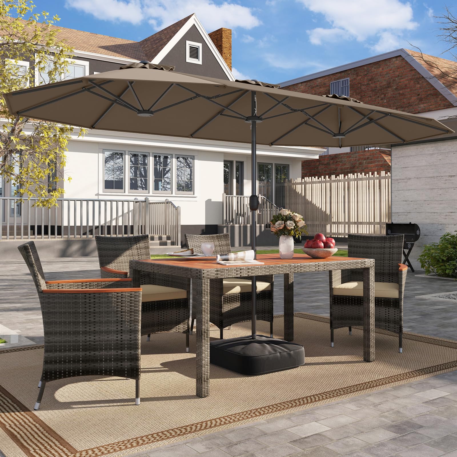 RELAX4LIFE Grand Parasol de Jardin Extérieur avec Pied | Parasol Double Terrasse à 12 Baleines | Manivelle | Polyester Résistant | Verrou de Sécurité | Protection UV pour Piscine Patio Marché (Marron)