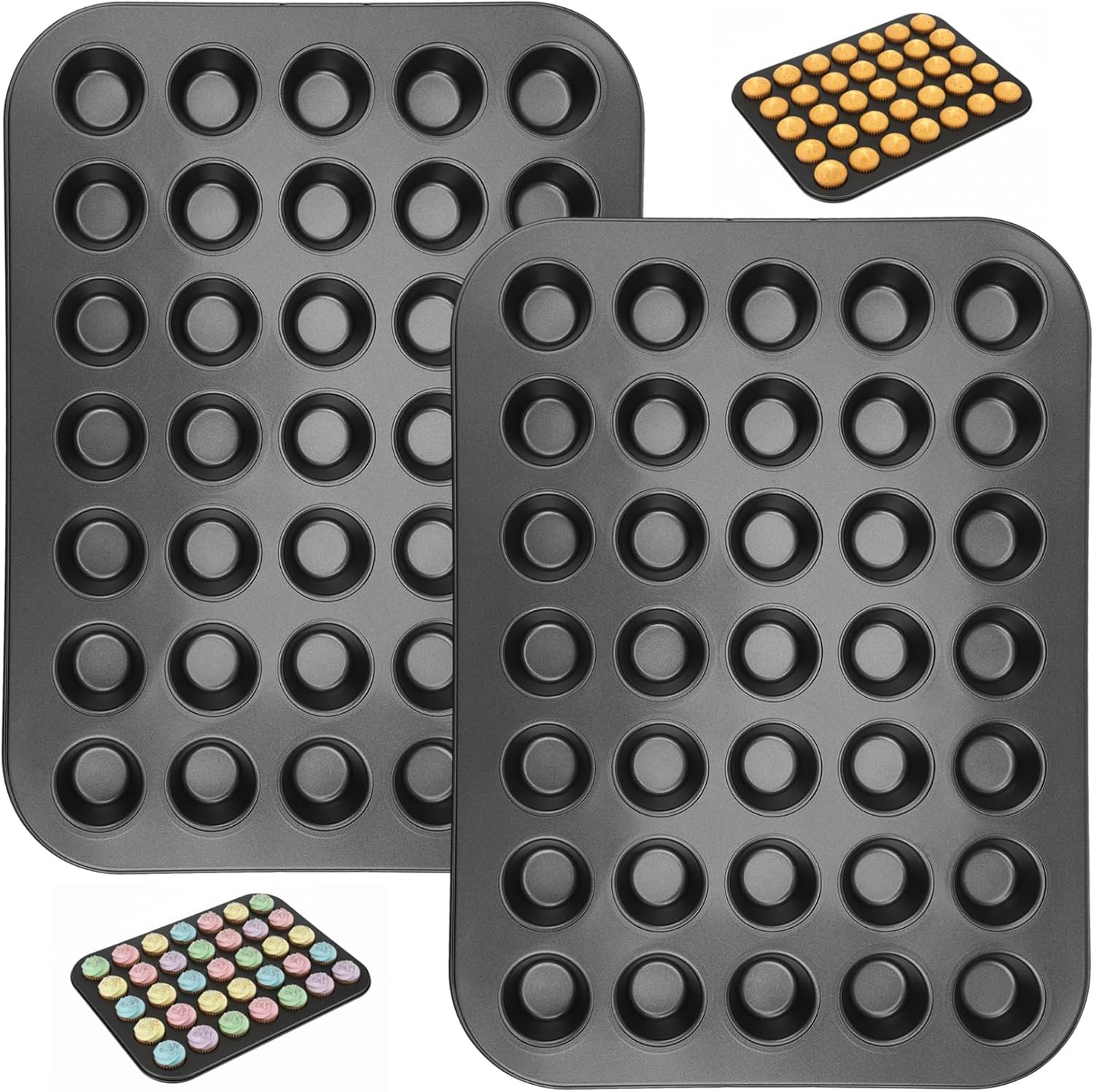 Nonstick Mini Muffin Pans, 2 X 35 Cups, Carbon Steel Baking Trays, 10.4 X 13.8 In, Black, Easy Release, Smooth, Ideal For Commercial And Home Bakeries