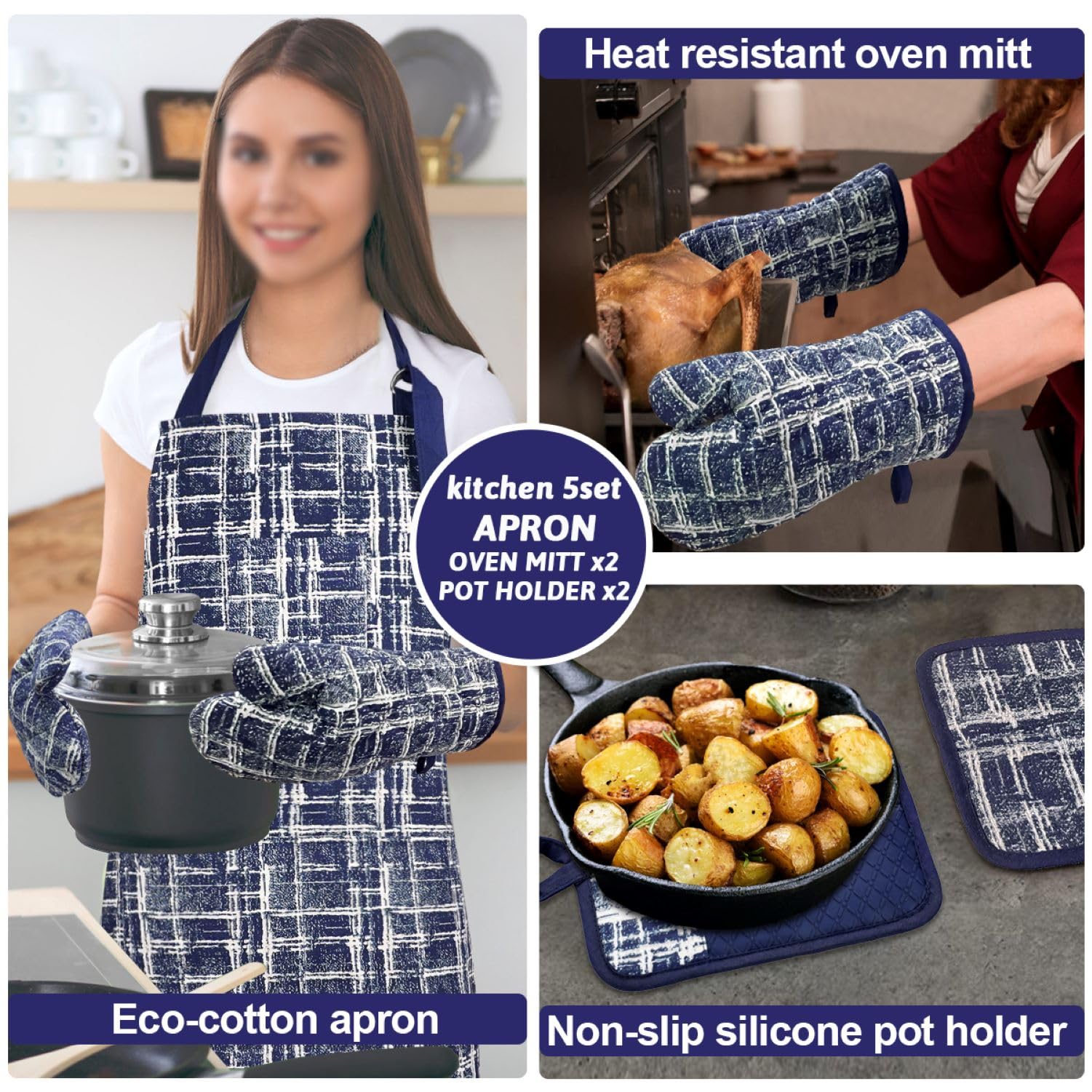 Alselo Juego de 5 guantes de cocina resistentes al calor y agarraderas antideslizantes de silicona con hebilla ajustable para el cuello, diseño bonito de algodón para cocinar (azul marino)