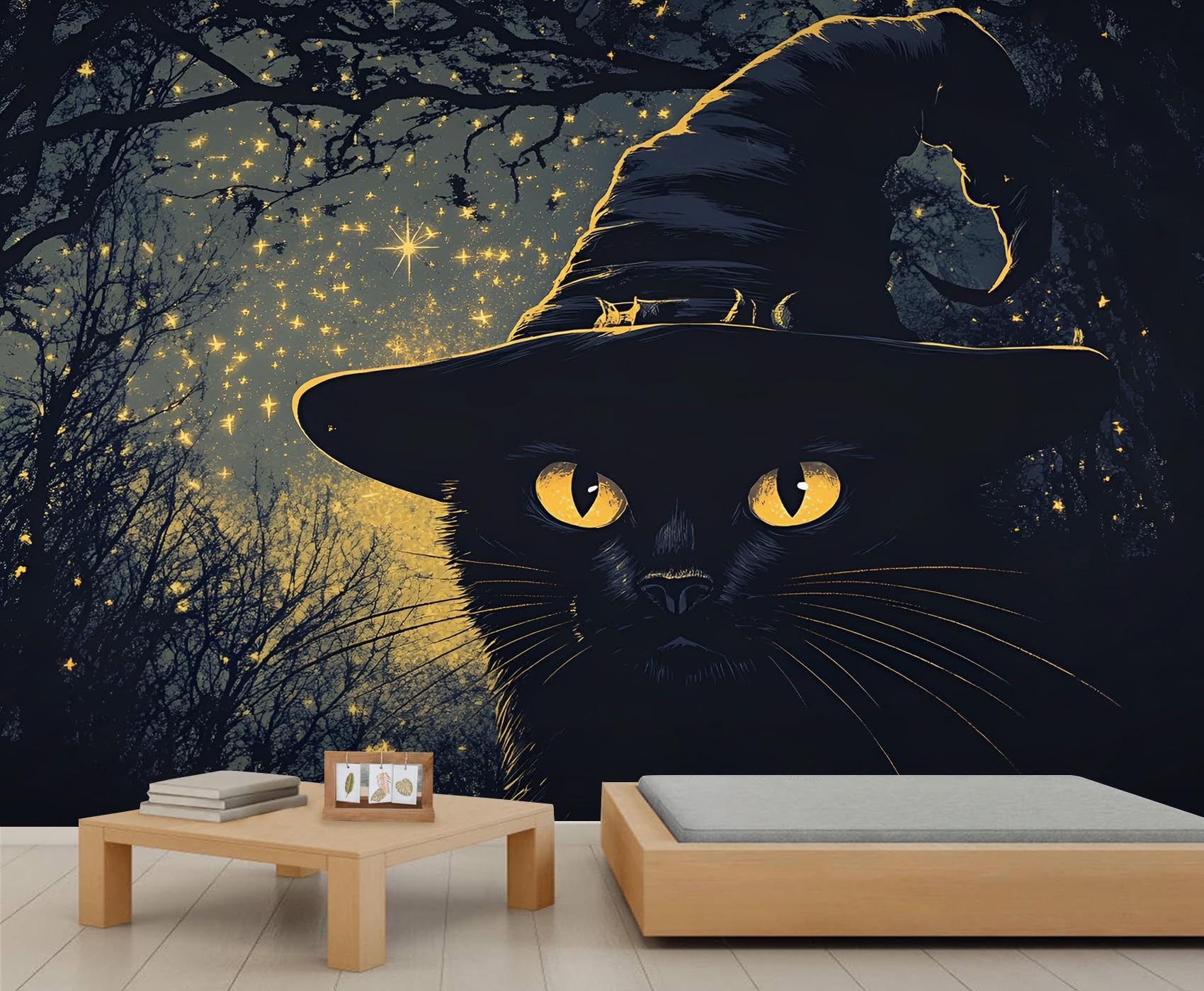 Papier peint mural forêt sombre pour chambre | Créez un cocon étoilé avec motif chat noir