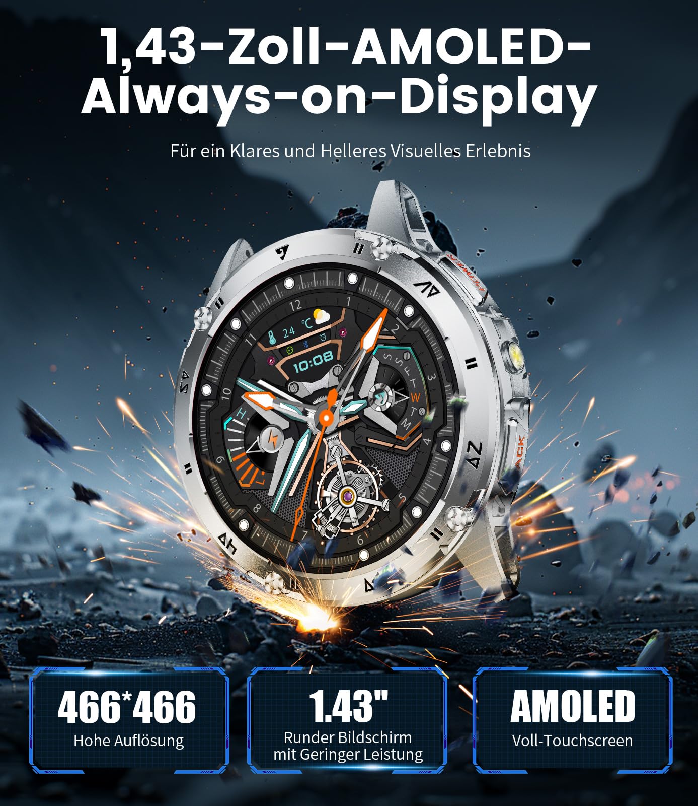 LIGE Smartwatch Uomo Militare, 1.43'' AMOLED Orologio Smartwatch Uomo con Torcia LED, 530mAh, IP68 Impermeabile, 120+ Modalità Sportive, Cardiofrequenzimetro Sonno Contapassi per Android iOS
