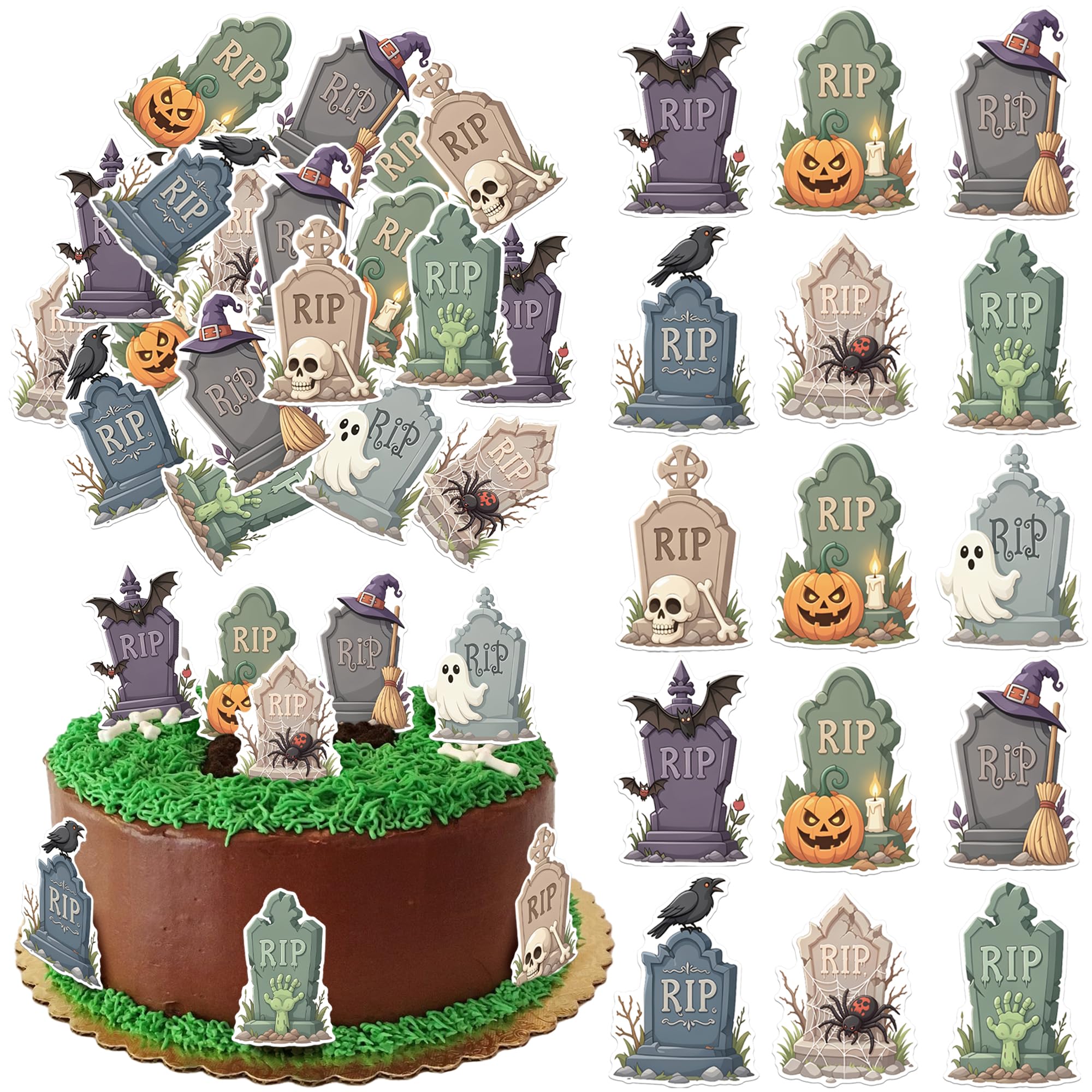Xsstarmi 64 Pack Edible Halloween Tombstone Cupcake Toppers Zombie Graveyard Green Skeleton Hands Cupcake Picks for Halloween Crow Skull Horror Birthday Party Cake Decorations Supplies