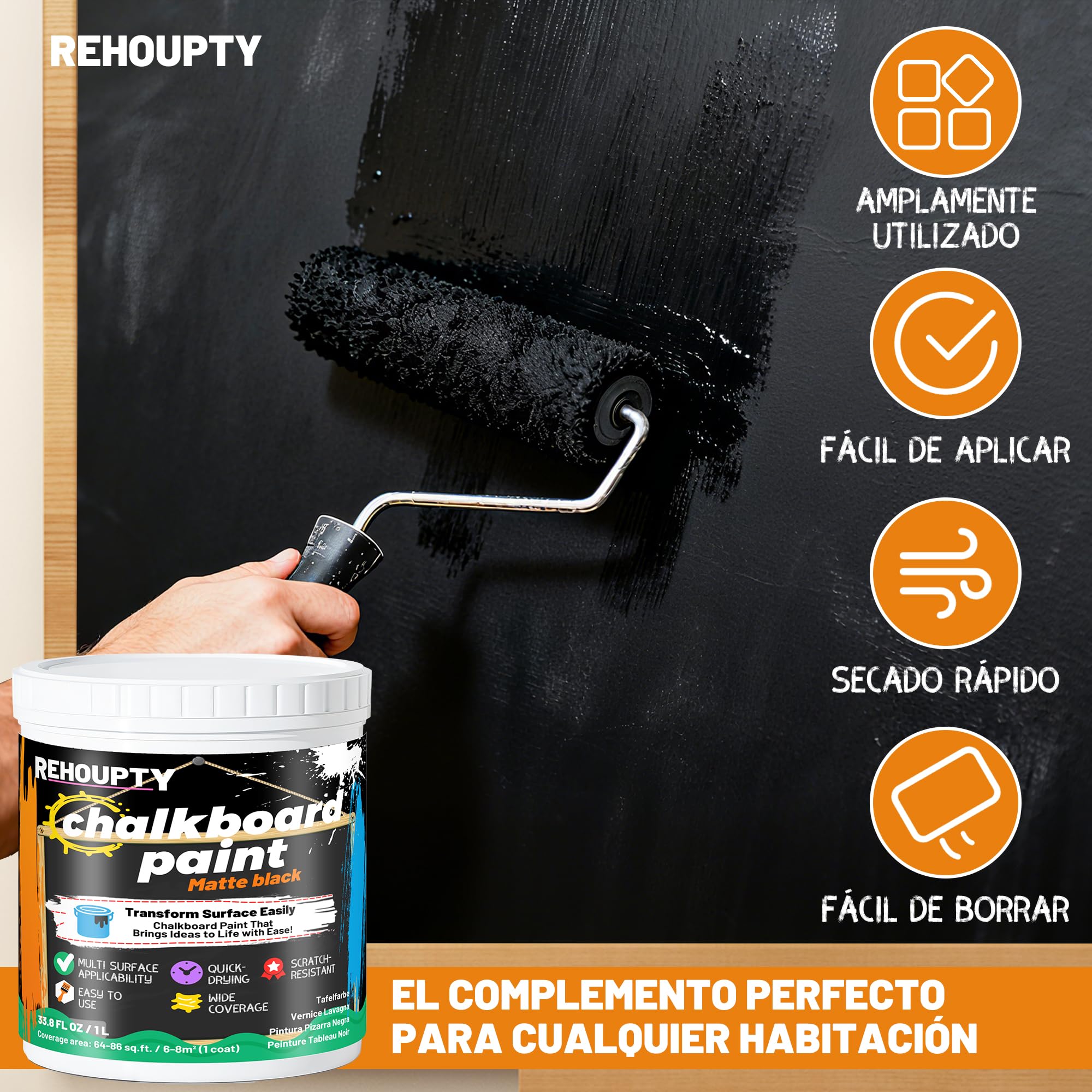 Pintura Pizarra Negra - Pintura Para Pizarrón Negro Mate, 1L Aplicación Fácil Y De Brocha Revestimiento Acrílico, Terminado De Pizarrón Para Madera, Metal, Muebles, Paredes Y Manualidades Cubre 6-8m²