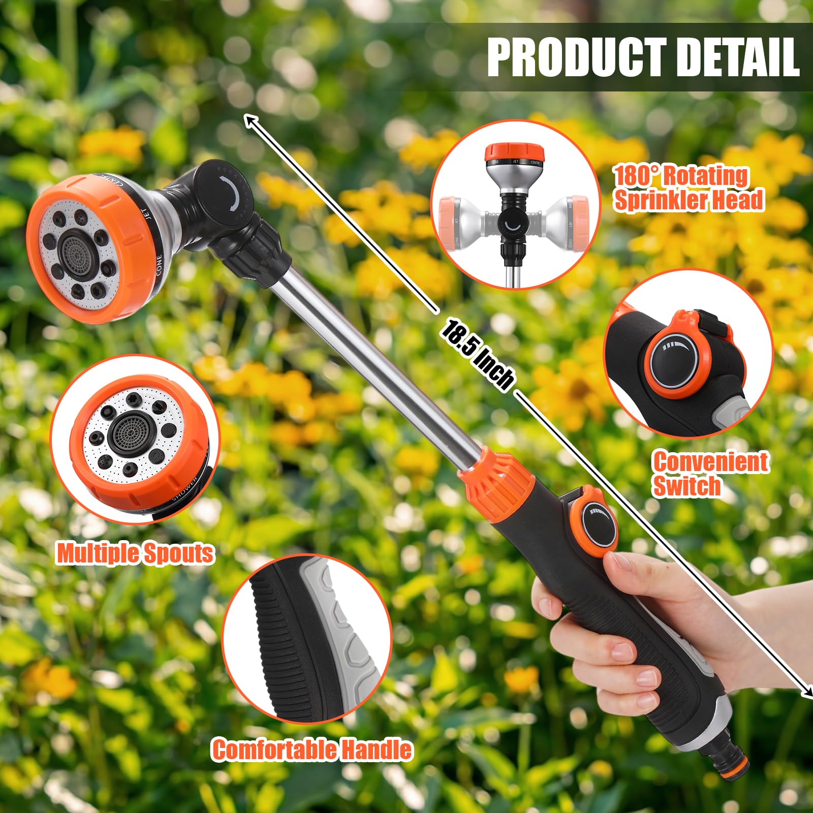 Hushee Lot de 2 baguettes d'arrosage en métal de 47,7 cm avec tête rotative à 180°, 8 modes de pulvérisation réglables et buse de contrôle du pouce – Parfait pour suspendre des paniers, des arbustes