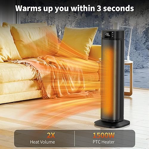Miniatura 2 de Space Heater, 24" Electric Heaters for Indoor Use, 1500W PTC Ceramic Heater for Office with Remote, Thermostat, 3 Modes, 35dB Quiet, 12H Timer