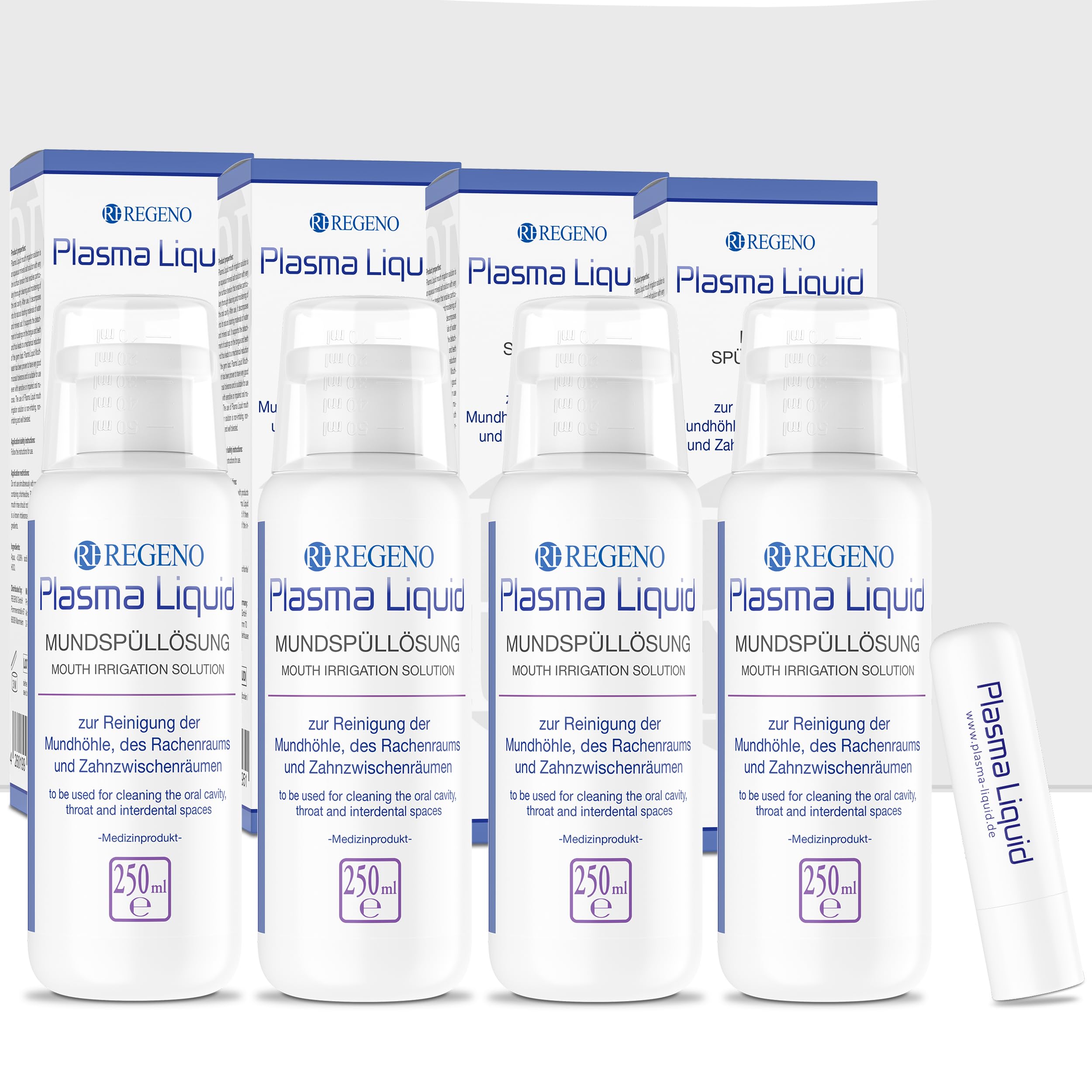 Plasma Liquid 4 soluzioni di collutorio liquido al plasma + matita per la cura delle labbra, 250 ml/4,5 g, per la pulizia e la decontaminazione di cavità orale, faringe e gengive