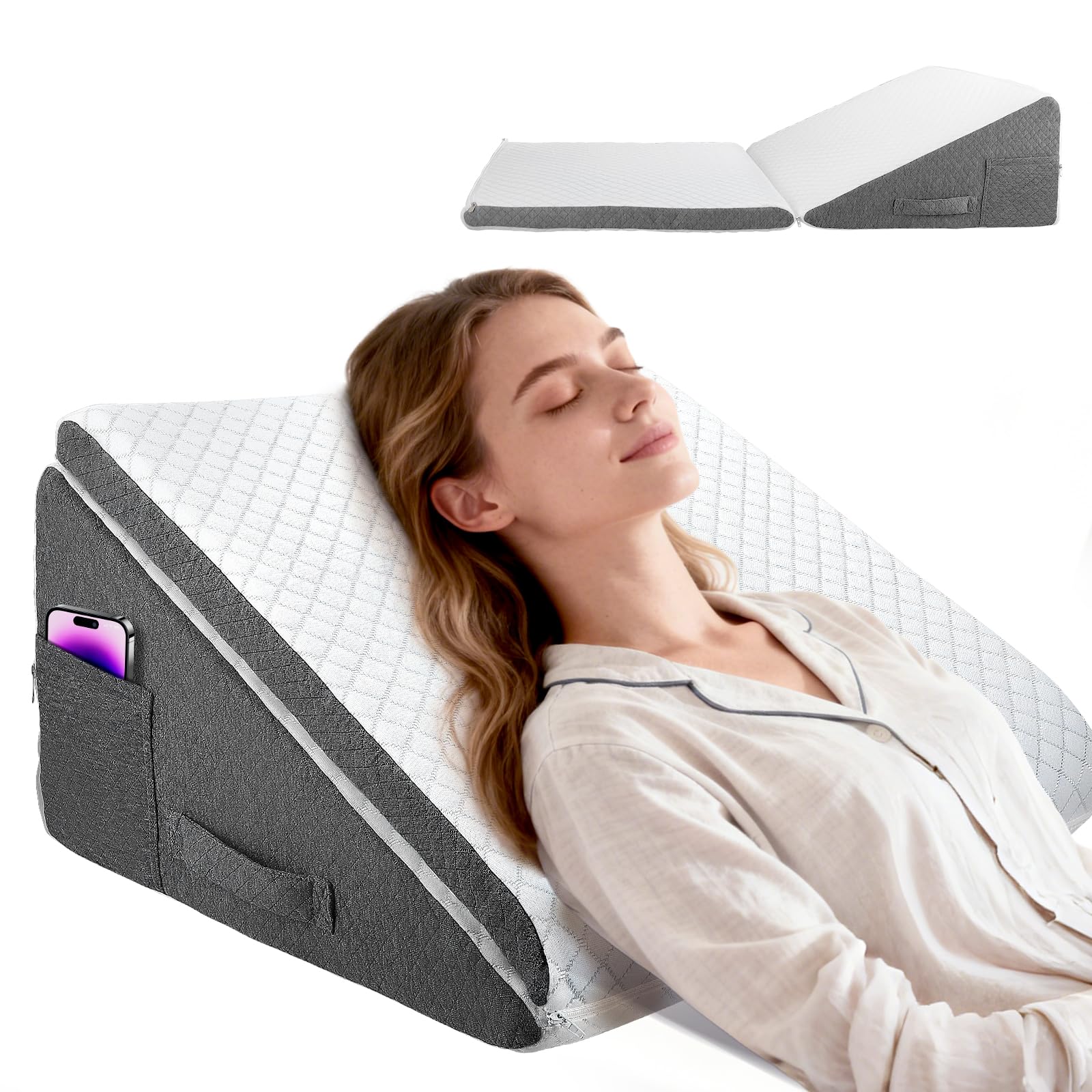 Cuscino a cuneo per letto e divano con memory foam, 50x50x26 cm - Cuscino per dormire regolabile in altezza, cuscino da lettura per divano/letto, cuscino per seduta e gambe, fodera lavabile