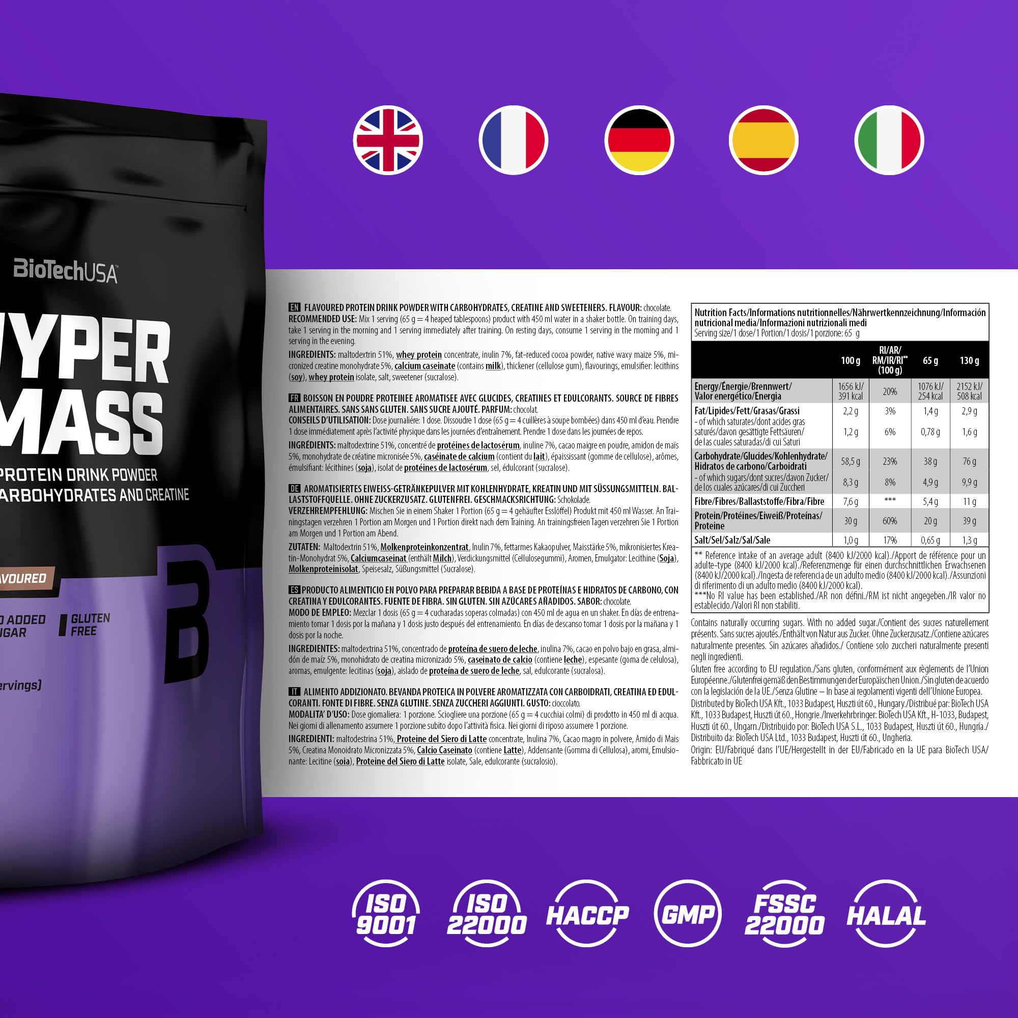 BioTechUSA Hyper Mass | Prise de masse avec mélange de glucides et de protéines | Créatine micronisée | Sans gluten, 1 kg, Chocolat