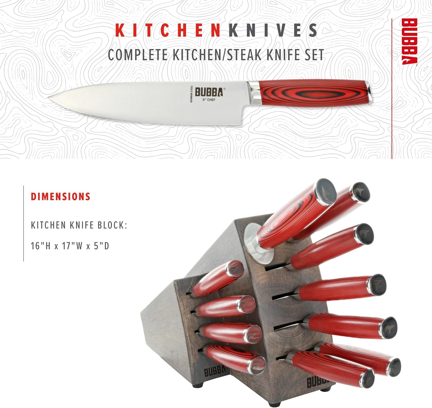 BUBBA Complete Kitchen and Steak Knife Set for all your kitchen cutting needs with G10 Handles, Premium German Stainless Steel and a Parawood Knife Block.