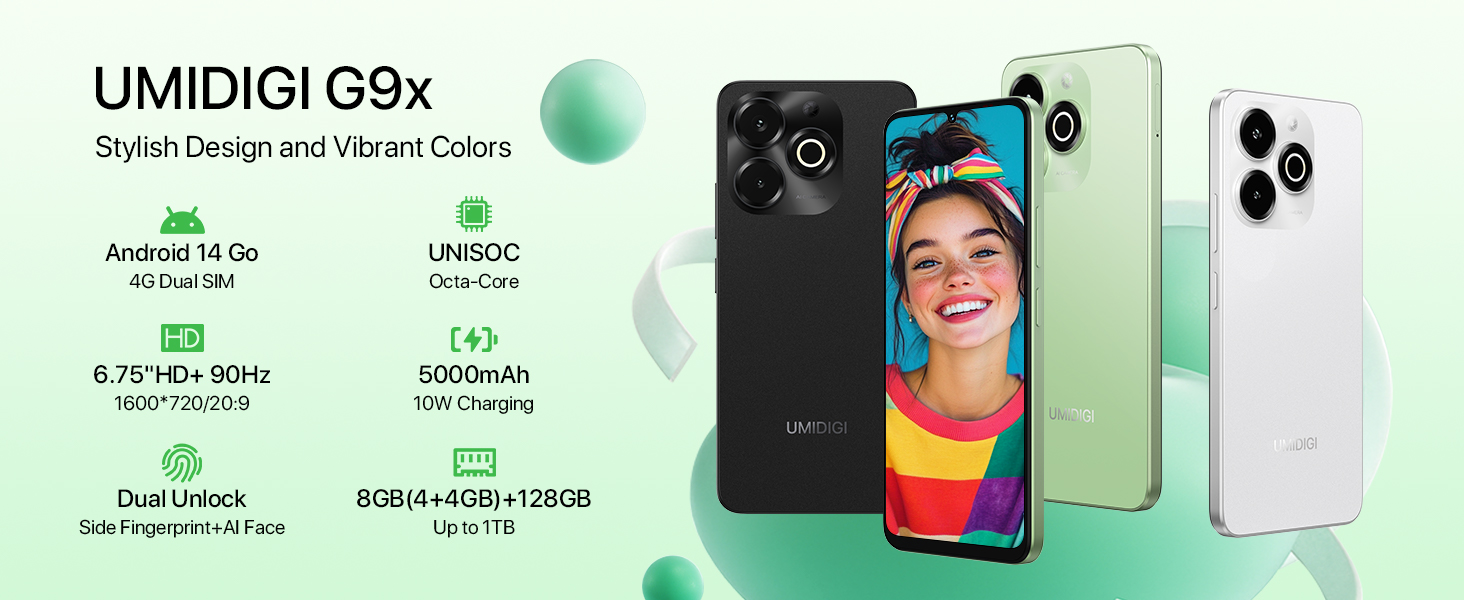 UMIDIGI G9x Mobile Phones, Android 14 Go Smartphone, 8(4+4) GB +