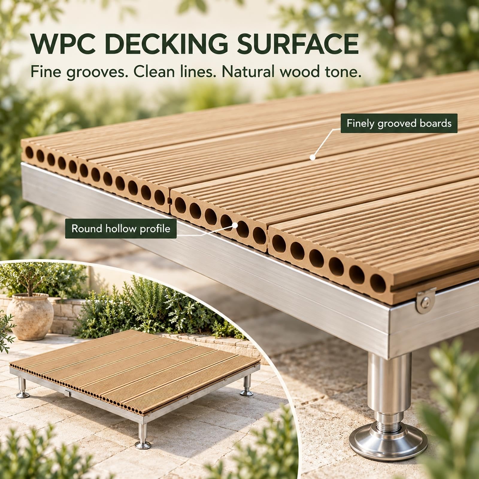 Tarima WPC, suelo exterior modular con patas metálicas de altura ajustable