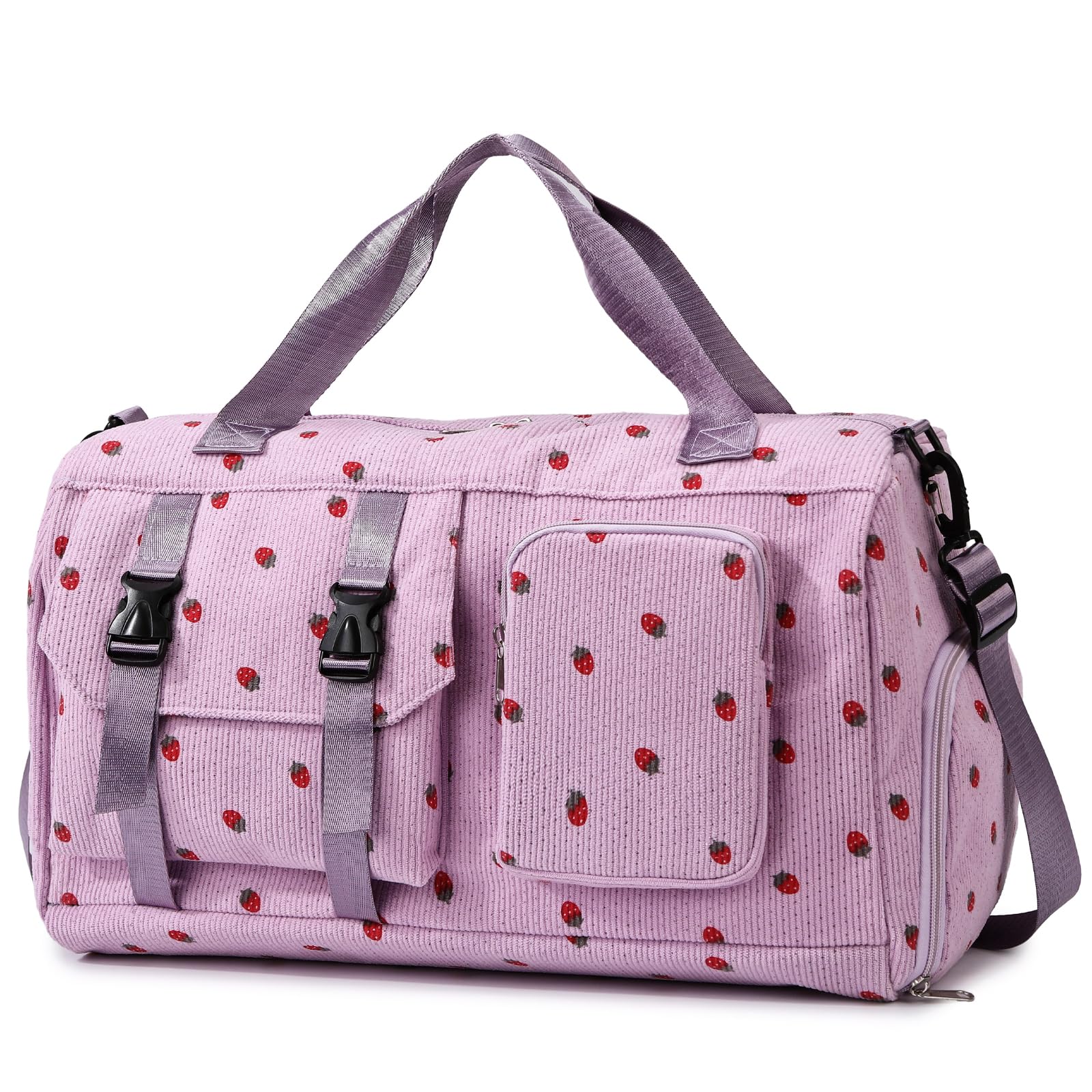unisoul Corduroy Strawberry Travel Duffel Bag for Women Girls, Large Weekender Bag with Shoe Compartment & Wet Pocket, Foldable Overnight Gym Sports Bag, Cute Dance Bag with Luggage Sleeve，Purple