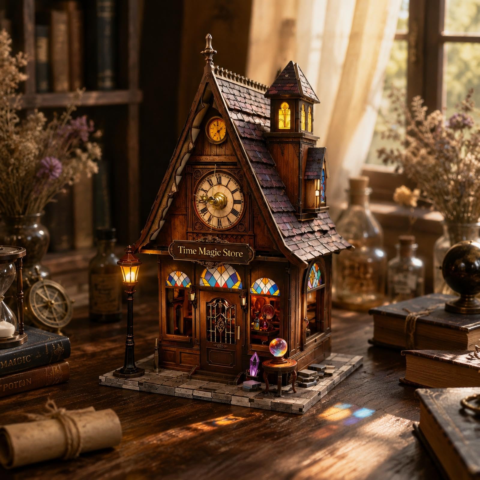 Rompecabezas de casa de madera en miniatura con iluminación LED cálida para