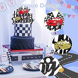 MEMOVAN Car Birthday Cake Topper Race Car Cake Decoration for Boy Girl Man Racing Car Checkered Flag Themed Birthday Party Supplies Double Sided